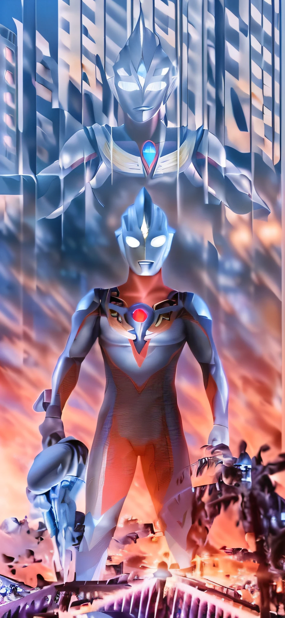 On the roof stood a man in a suit, s Ultraman, ultra mega detailed, ultra hyper-detailed, an epic anime of a energy man, Today's featured anime stills, ultra instinct, anime big breast,s Ultraman, Tokusatsu, anime cgi style, offcial art, anime cgi, movie still of robot goku, ultra mega super hyper detail