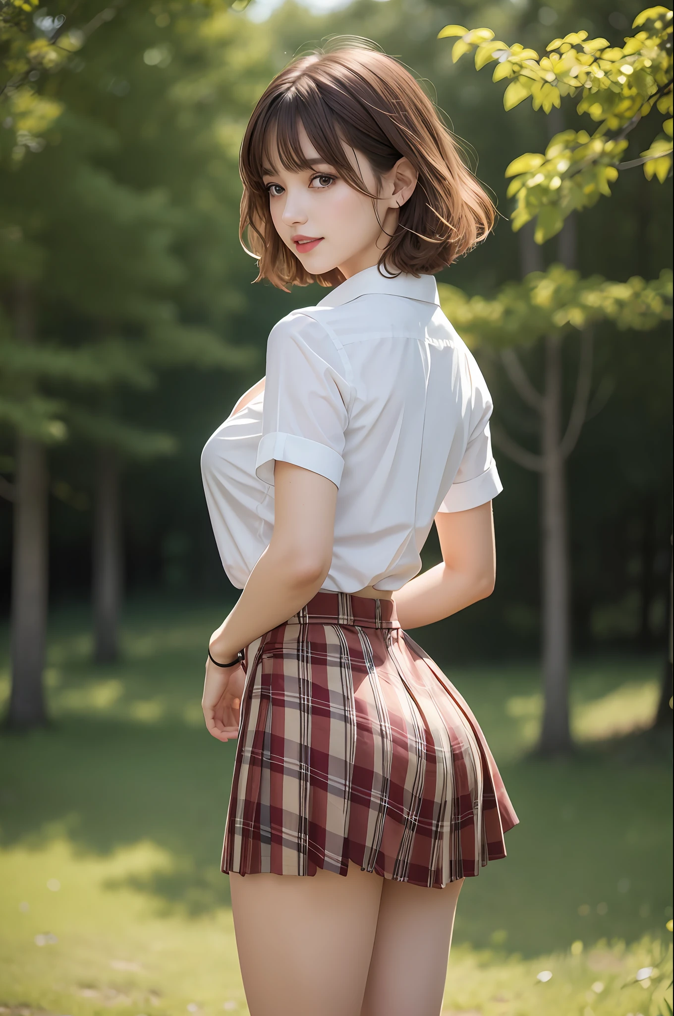 nsfw, 8K raw photo, Best quality, masterpiece, ultra high res, film grain, filmg, 1girl, looking at viewer, natural skin texture, realistic eye and face details, full lips, lipstick, (makeup), red eyeshadow, fluffy short hair, messy hair, smile, close mouth, beautiful legs, tall female, full body shot, skinny, slim_legs, solo, medium breast, cleavage, Pose with buttocks facing you, ultra short skirt, ass, shirt, beautiful nature location, around flower location, (detailed background), plaid skirt, tigh skirt, white shirt, Show cleavage through the shirt, loafers, blurry background, blurry, holding, plaid, short sleeves, jk ribbon on the neck, jk ribbon, brown hair, bracelet, water, bangs, school uniform, jewelry, parted lips, lips, from side, pleated skirt, depth of field, cinematic color.
