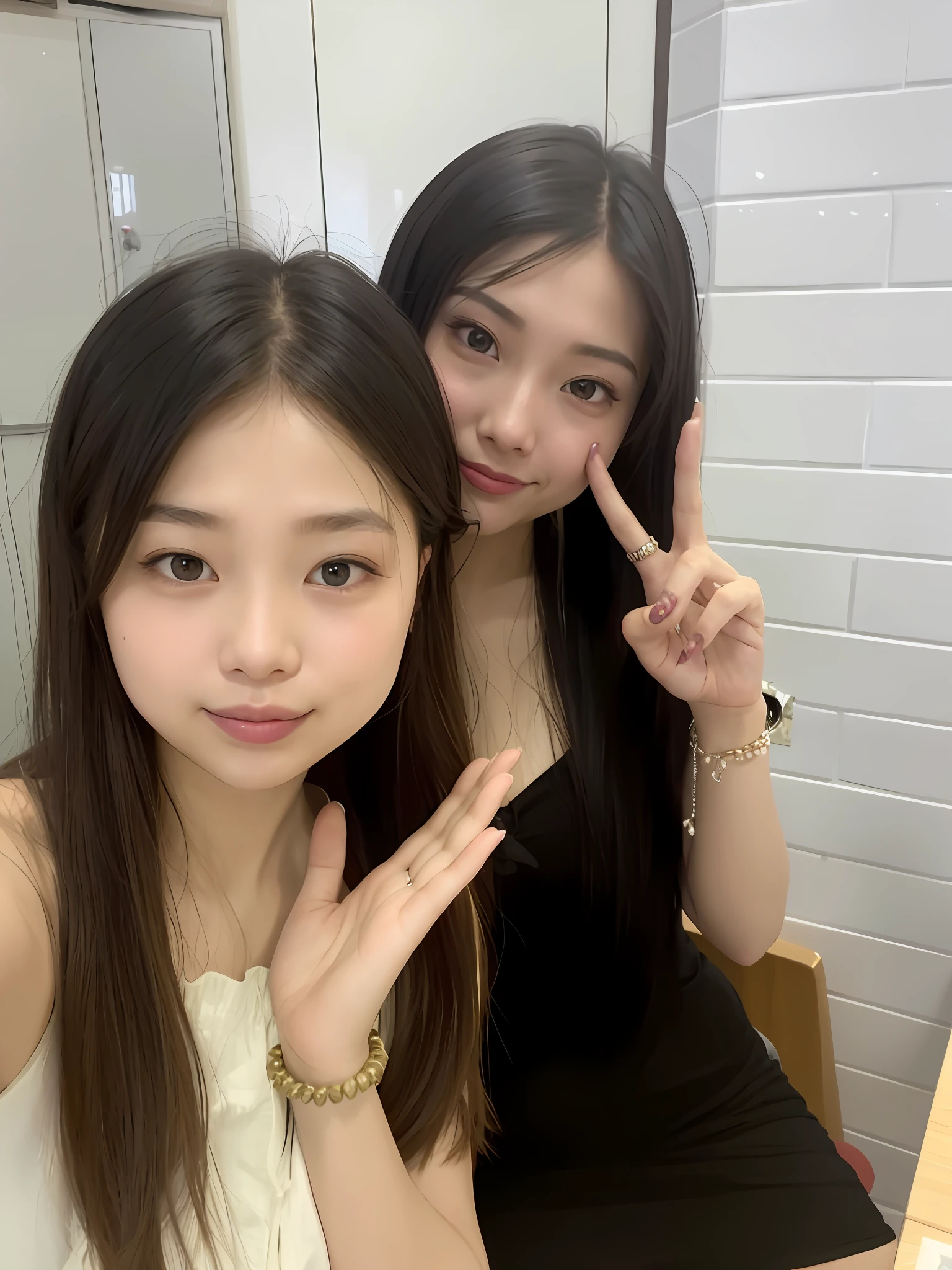 Two women posing for a photo in the bathroom holding mirrors, high qulity,  8k selfie photograph, blackpink jennie, with ivy, Korean girl, 👅 👅