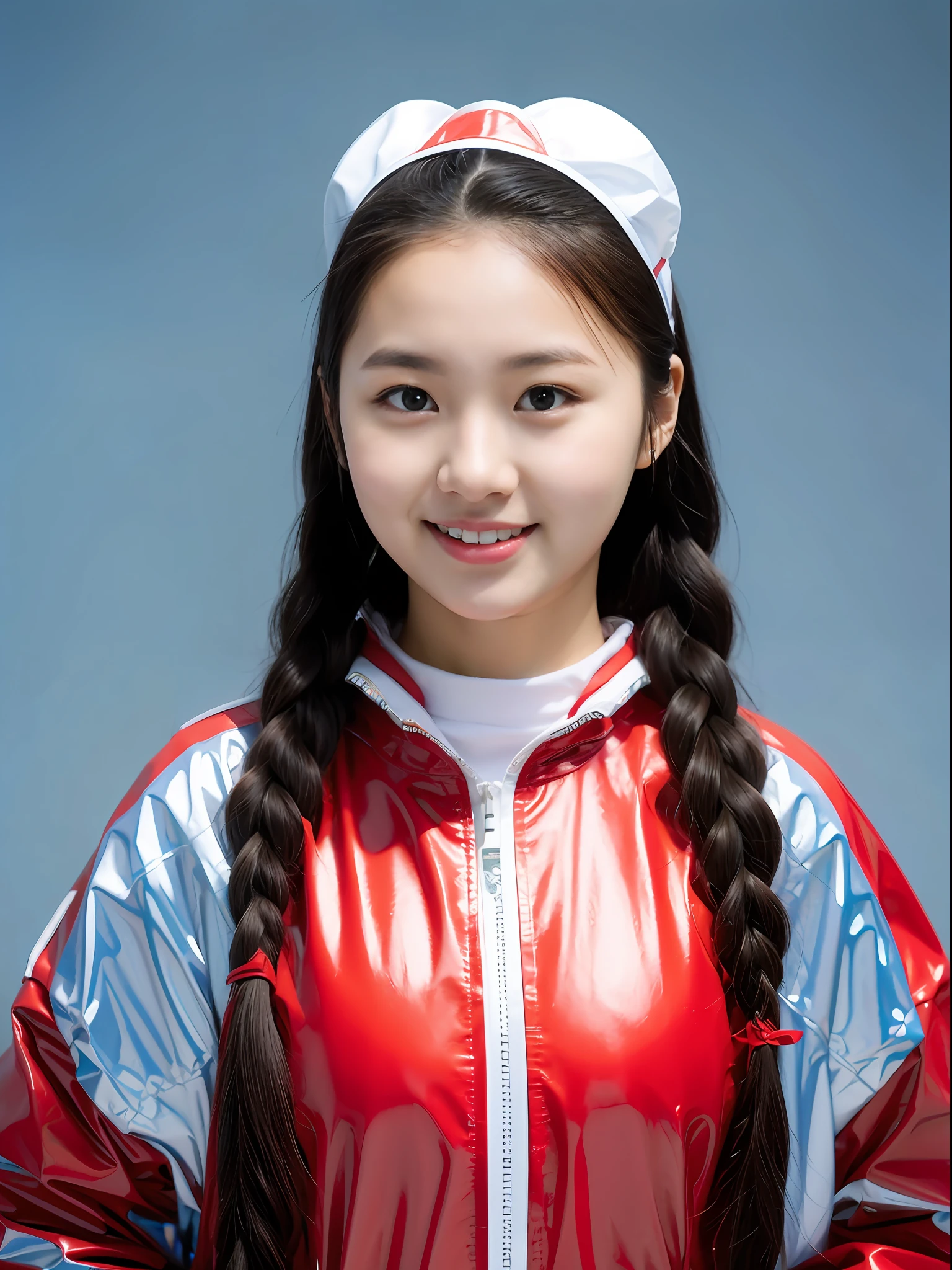 A female high school student，Wearing PVC red clothes，dual horsetail
