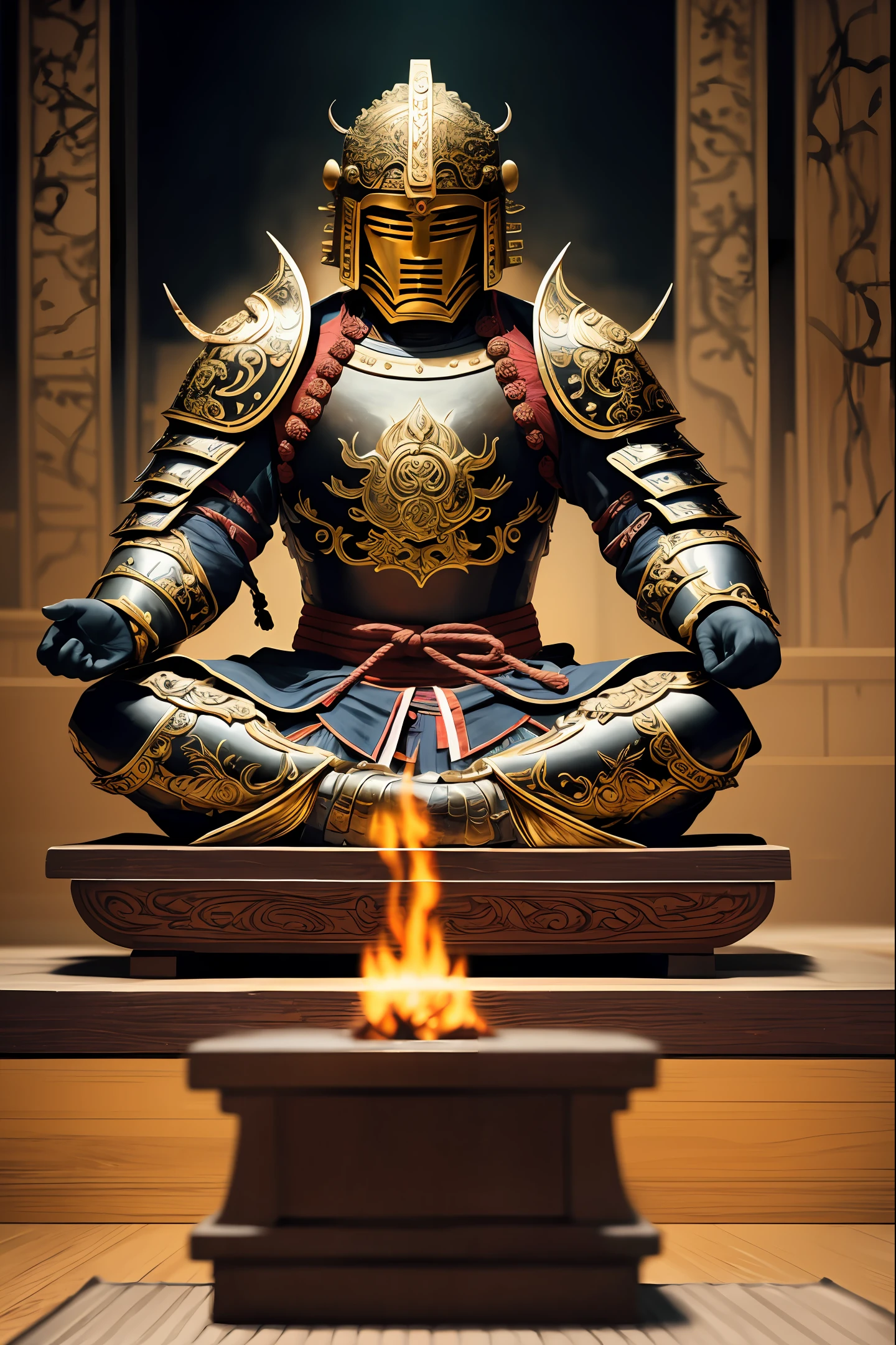 A medium cinematic shot of an ancient Shogun wearing ornate vintage battle armor in Lotus position meditating, awakes, high detail, 4K, highly_detailed, in the style of Kurosawa --auto --s2