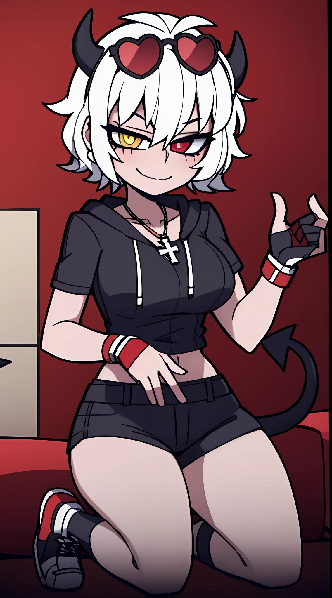 1girl, solo, height difference, short sleeve hoodie, black fingerless gloves, breasts, wide hips, blush, blushing, thick thighs, night, cross necklace, heart eyes, full body shot, horns on head, demon tail, black white and red outfit, red black and white background colors, white hair, tomboy, short hair, smiling, sneakers, running shoes, short shorts, exposed thigh, green eyes, black hair, viewing from front, thick thighs, knee socks, exposed stomach, thighs, winking, large breasts, living room, black leather couch, rug, dynamic angle, sharp focus, sitting, mascara, sunglasses on head, horizontal seat, symbol shaped pupil, heterochromia, glowing eyes, two tone top, hand on head, windows, sunrays, mole under eye, 1 red eye,