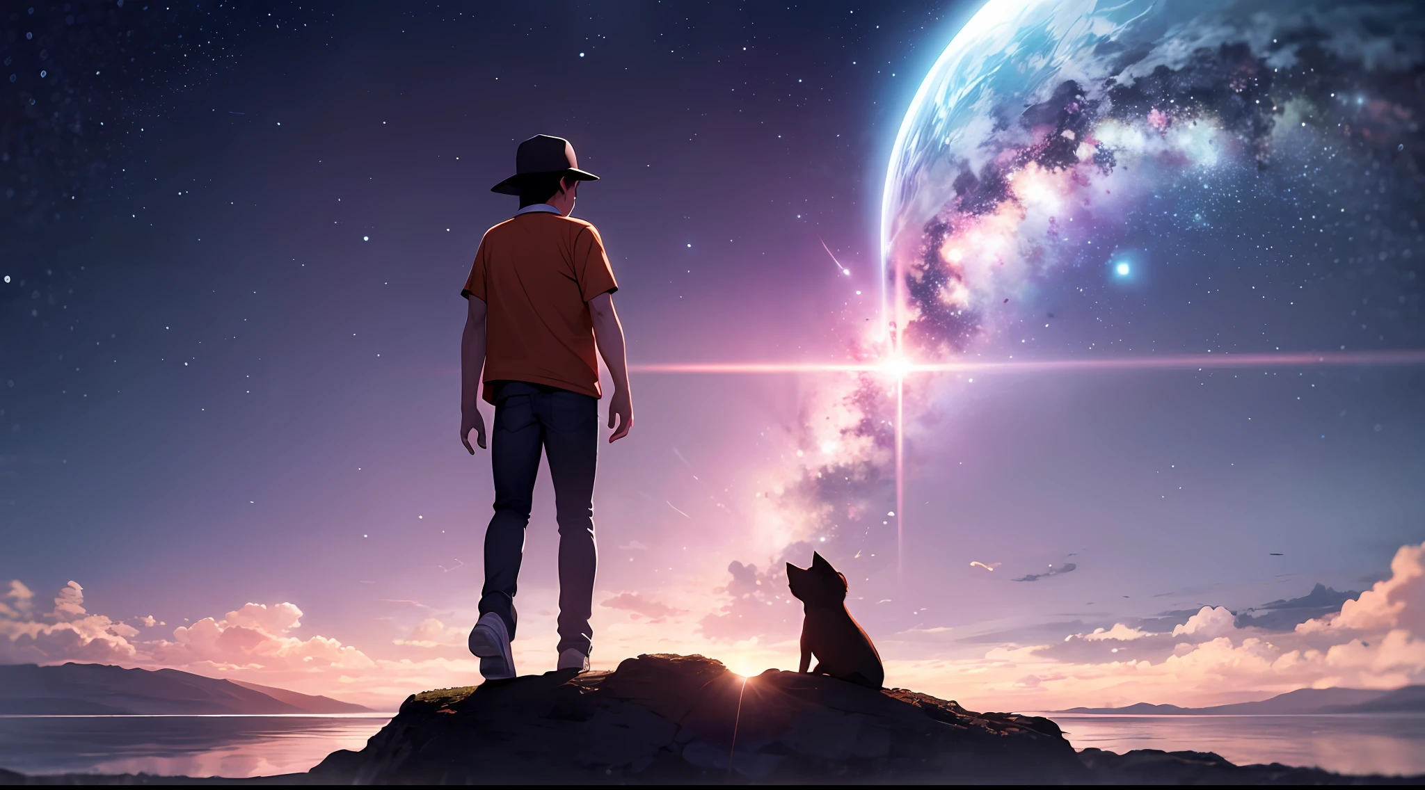 I am a 48 year old man. Llevo puestos unos pantalones de asalto negros, camiseta negra y gorra negra. Llevo una mochila color kaki en la espalda. I'm walking on a strange alien planet, veo plantas desconocidas para mi, son preciosas. I also see a kind of lake, pero el agua es rosada. The planet is illuminated by two suns. A nearby nebula is also seen in the sky..