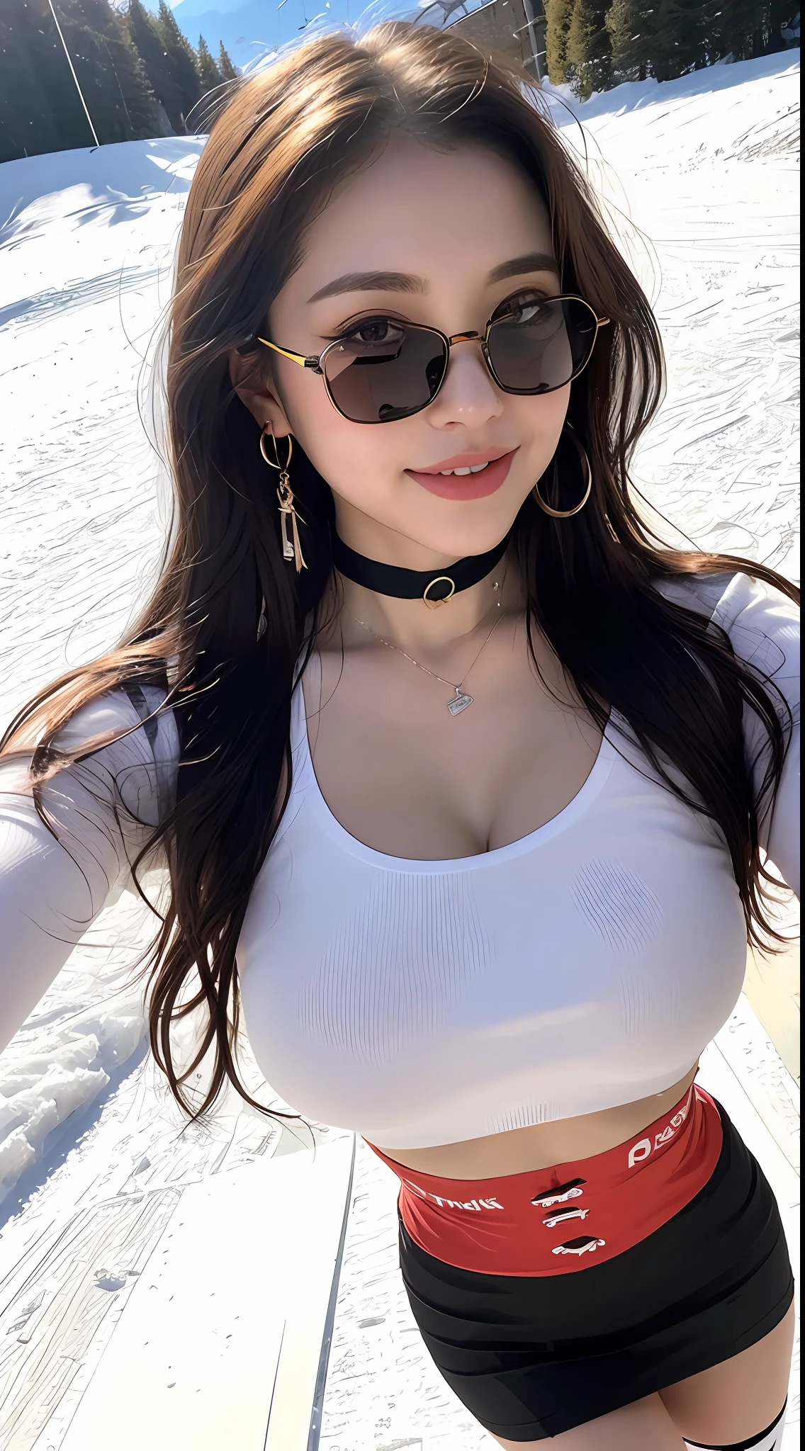 ((midnight, Need, 8K, tmasterpiece:1.3)), , Long legs, Focalors:1.2, Plump body，perfect figure beautiful woman:1.4,((Dark brown hair, huge tit:1.2 )), (Low-cut white T-shirt, Skinny white T-shirt，deep v big breasts，Low-cut black stockings，cleavage，Superskirt), ((Ski slopes，skiing，Oyuki)), crowd of，Highly detailed facial and skin texture, A detailed eye, 二重まぶた，wears glasses，crisp breasts，Smile with，Bigger breasts, Wavy hair，crisp breasts，Get wet，Sweat profusely，wearing a choker，Wear earrings，wears a watch，Redlip，huge tit，the setting sun