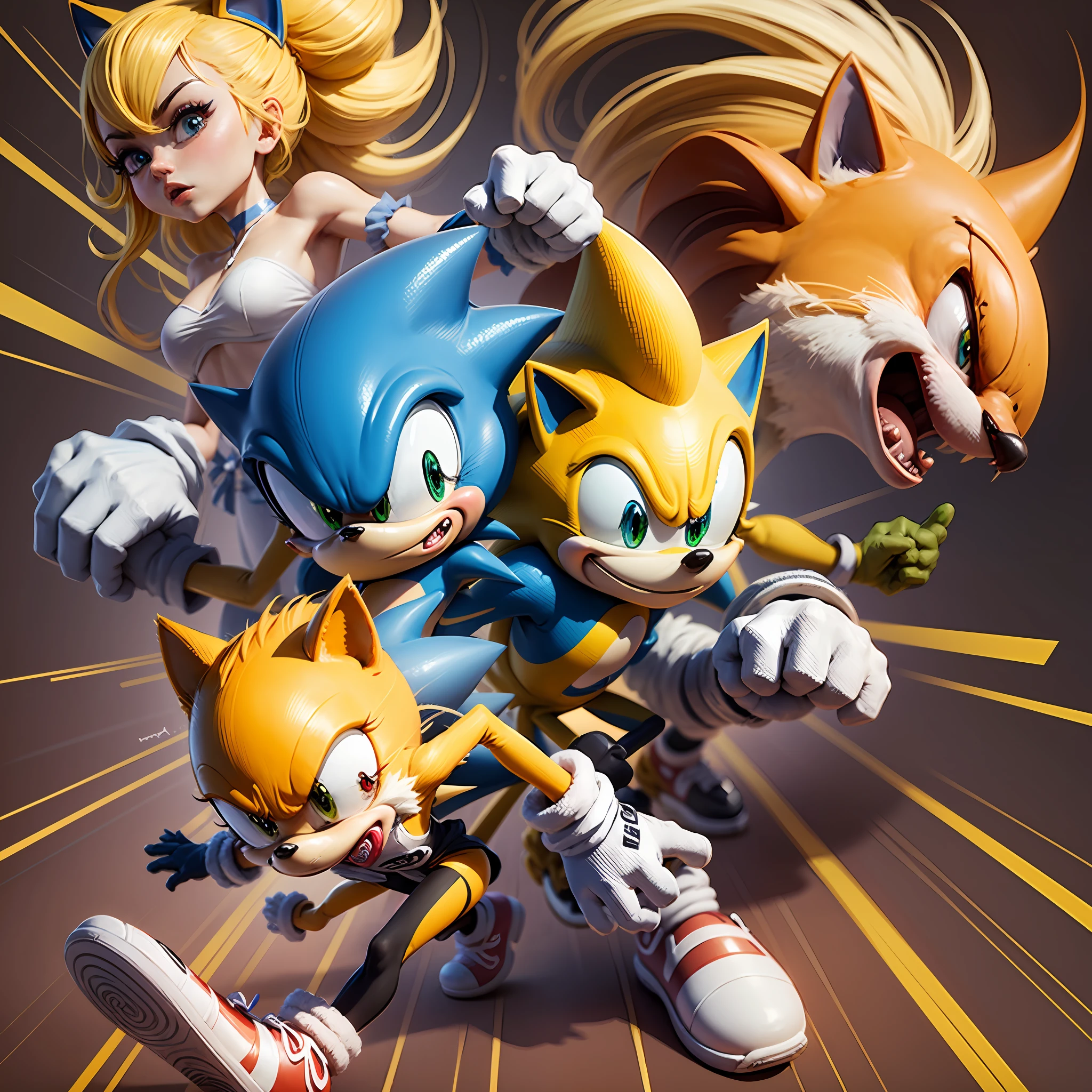 Yellow sonic battle stance  ，Q version of cartoon，All yellow-haired Sonic， --auto --s2