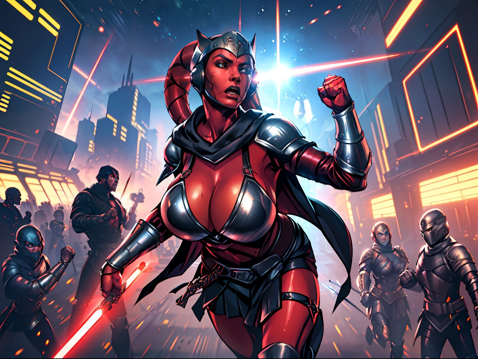 (((running, raised fist, violence, leaping))), sword fighting, lasers, explosions, action scene, fighting, masterpiece, best quality, high-definition, armor, busty, ((red skin), twi'lek), dual red lightsabers, evil space knight, space ninja, (wearing black robes, black stealth armor, breastplate, tunic, tabard, cowl, cloak, body glove, straps, buckles, skirts, long sleeves, fantasy, ((armor))), ((busty), slender body, thin, slim sexy body, slim waist, ((gigantic breasts))), Imperial starship, Star Wars, futuristic city, warzone