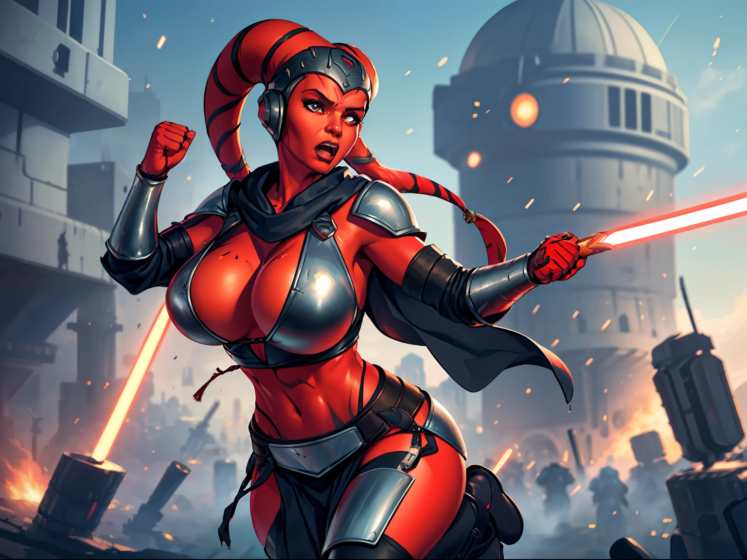 (((running, raised fist, violence, leaping))), sword fighting, lasers, explosions, action scene, fighting, masterpiece, best quality, high-definition, armor, busty, ((red skin), twi'lek), dual red lightsabers, evil space knight, space ninja, (wearing black robes, black stealth armor, breastplate, tunic, tabard, cowl, cloak, body glove, straps, buckles, skirts, long sleeves, fantasy, ((armor))), ((busty), slender body, thin, slim sexy body, slim waist, ((gigantic breasts))), Imperial starship, Star Wars, futuristic city, warzone