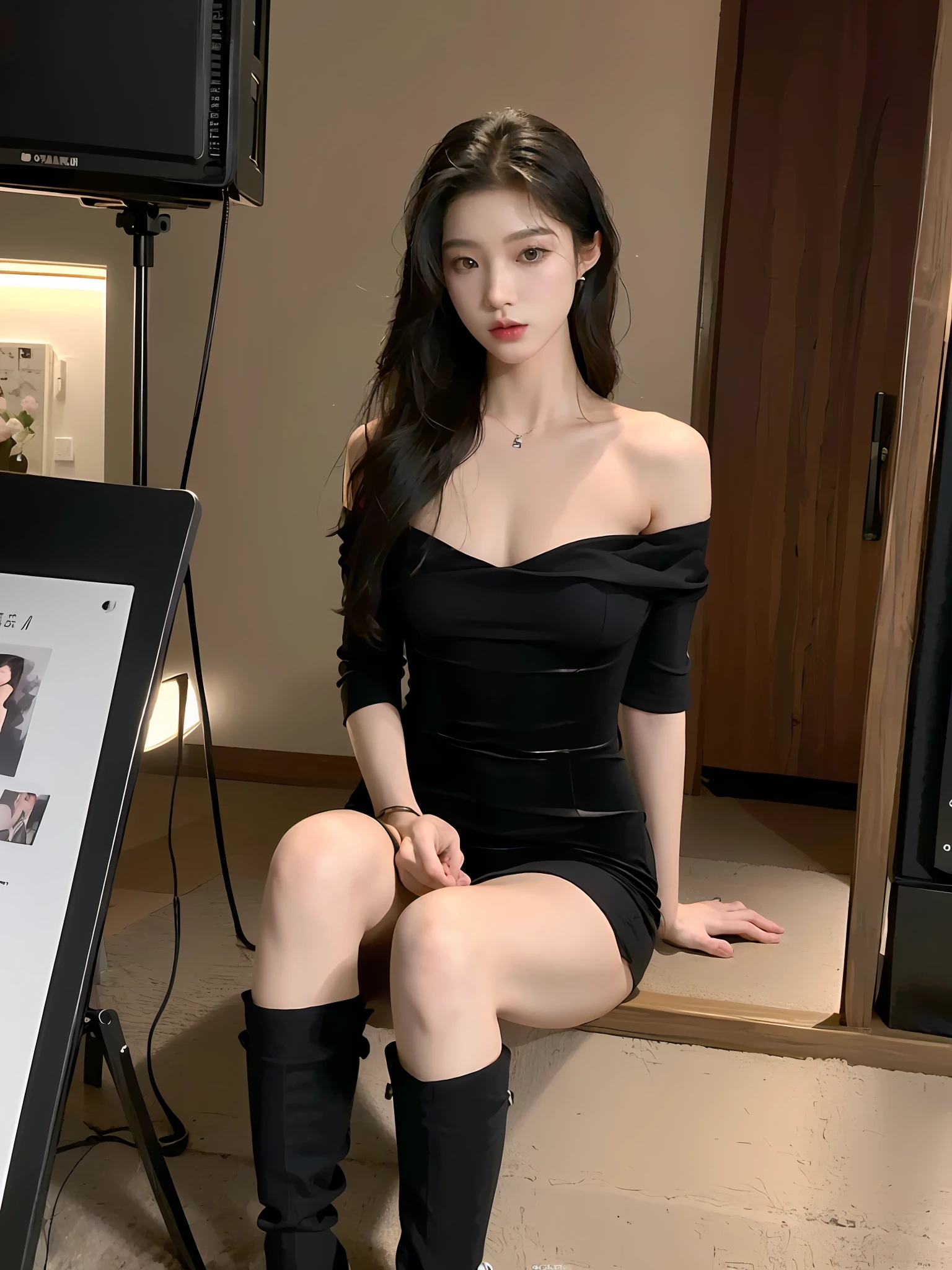 Araki woman sitting on the floor in black dress, gorgeous young korean woman, Sexy dress, tube-top dress, Open V-shaped bodice, Wearing tight black dress, Tall and thin beauty goddess, Wearing black dress, Height 165 cm, korean women's fashion model, She wore black dress, 2 4 year old female model