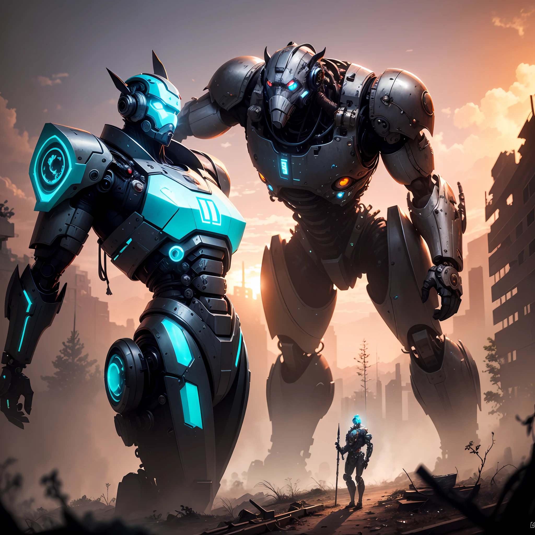 Giant Silver Monkey Mech 1.2,cyber punk perssonage,In the ruins of the wilderness,War-torn forest 1.2,8K,the detail,Steel texture,Sense of oppression,Mechanical gears,Standing with an iron rod in hand,cyan eyes,Red sky,well-illuminated