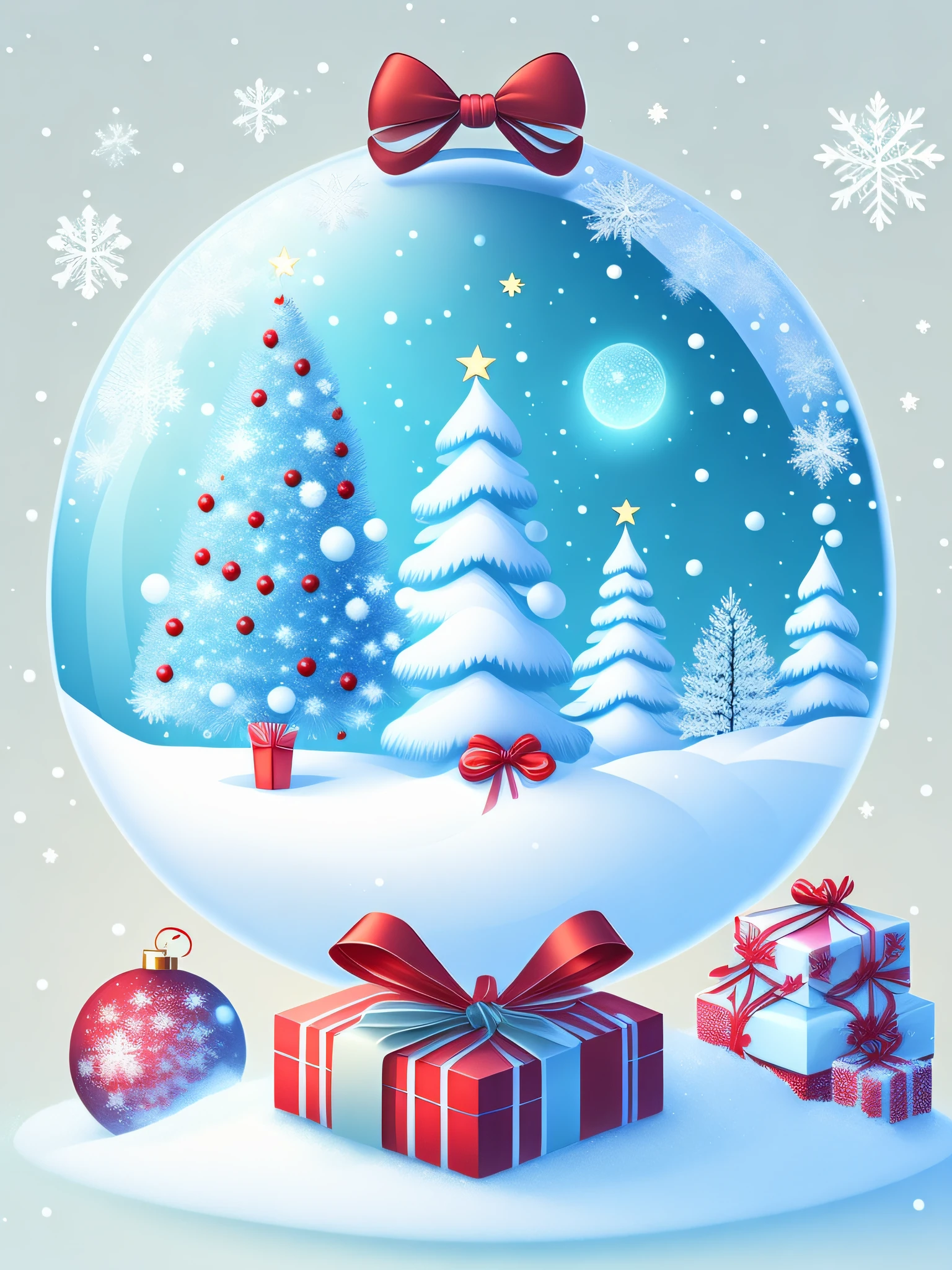 Christmas tree in winter landscape,crystal sphere,Decorate the ball,Christmas stockings,gift boxes,Bow knot,snow cover,yukito,snowflower,T-shirt design,rzminjourney,vectorial art,Christmas,