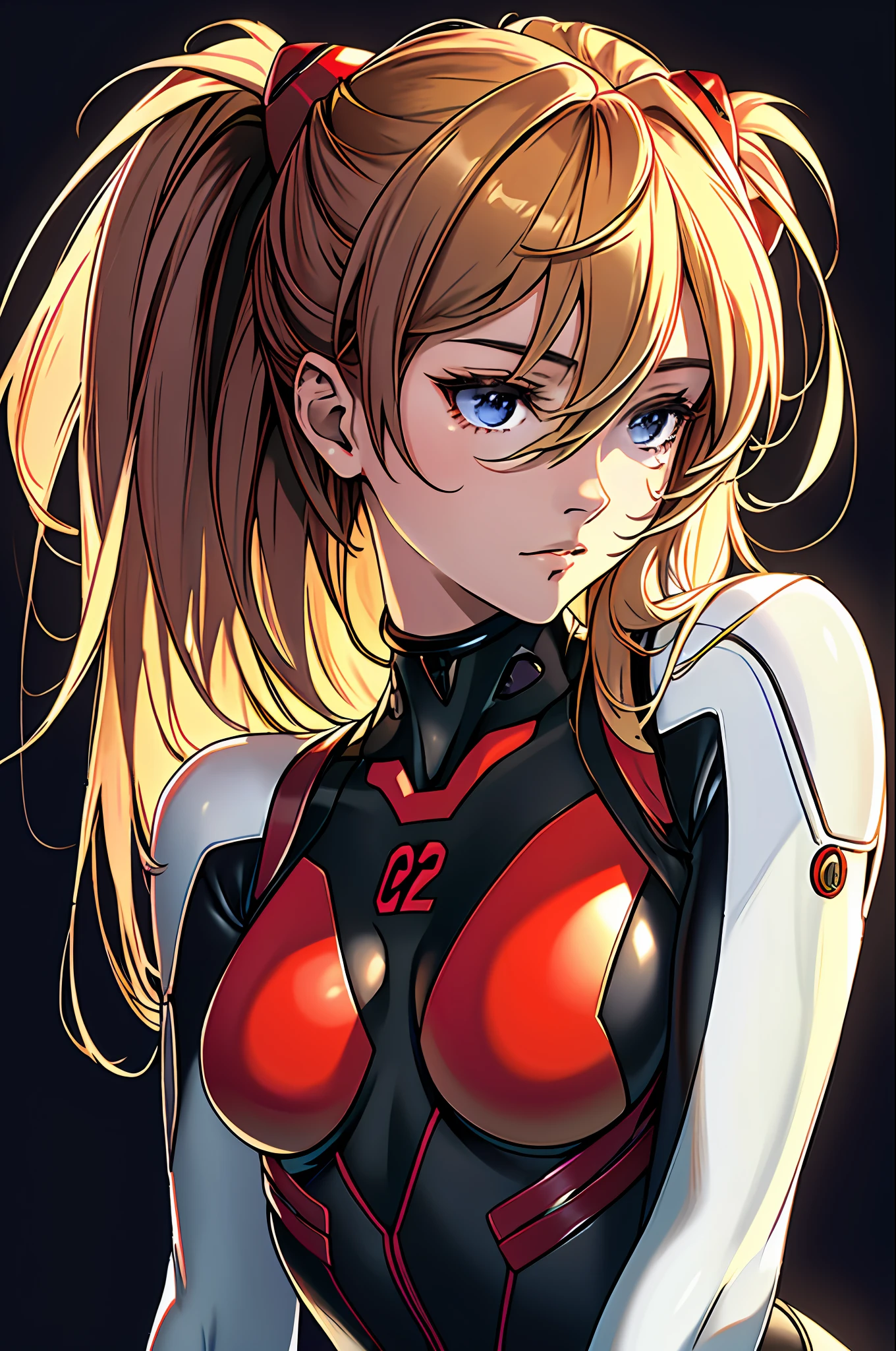 official art, unity 8k wallpaper, ultra detailed, beautiful and aesthetic, masterpiece, best quality, realistic, close-up, skindentation, souryuu asuka langley, interface headset, bodysuit under clothes, detailed eyes, detailed face, detailed hair, black background, straight-on, looking at viewer, glossy,