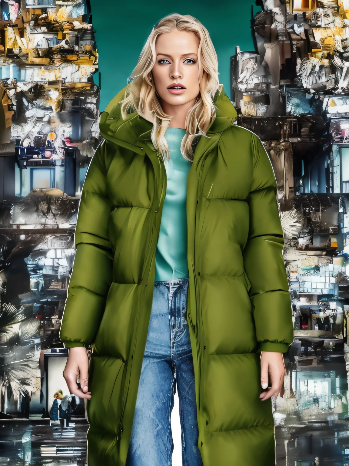 A blonde woman in a green shirt and blue jeans stands in front of a building, model wears a puffer jacket, action movie "The Girl in the Park", edited, in style of digital painting, Cold, Like ice! 🧊, based on Karolie Lotz, oversaturated, clothed in ancient street wear, reflective puffy coat, Rich color