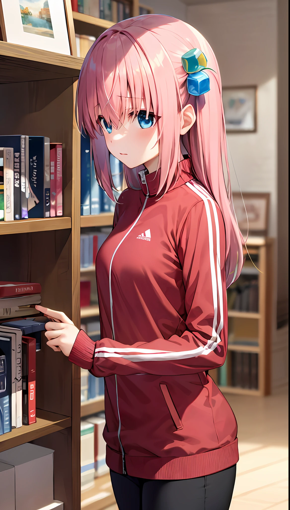 ((masterpiece,best quality))1girl, solo,  bookshelf, pile of books, suzuno, indoors, hair ornament, cube hair ornament, blue eyes, pink long hair, pink track jacket, bangs, hair between eyes
