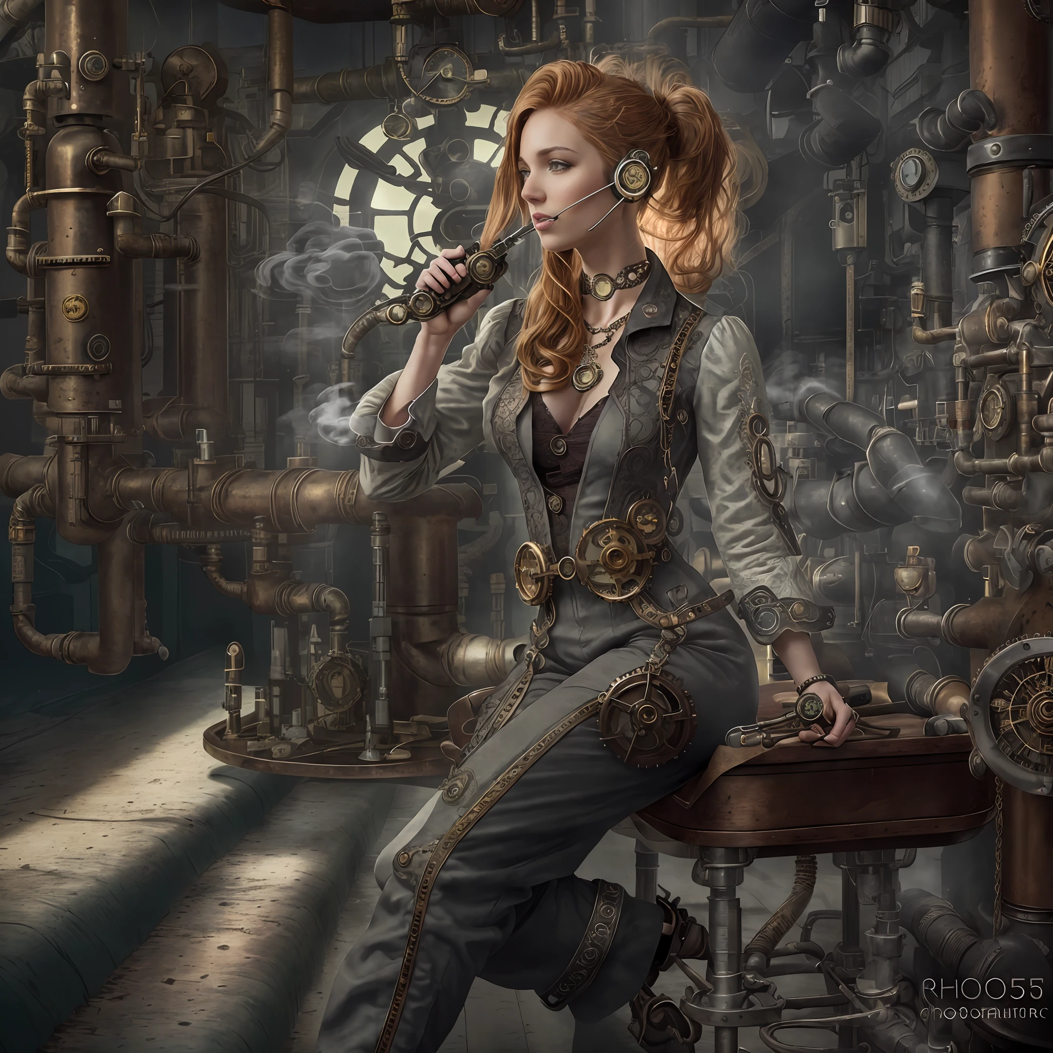 (photo, photorealistic:1.37), one girl, full body, sitting on a chair, shot from side, profile, slow motion, female steampunk engineer, (wearing a gray jumpsuit with steampunk details:1.2),(ornately decorated intercom headset:1.3), (ornately decorated choker), (insanely detailed steampunk, bloom:1.5), (detailed pupils:1.1), detailed face and green eyes, Masterpiece, best quality, (highly detailed photo:1.1), (long ginger Hair, ponytail,ecstatic:1.1), (young woman:1.1), sharp, (perfect body:1.1), realistic, real shadow, 3d, (steampunk workshop interior filled with lots of steam pipes background:1.2), photographed by Canan EOS R6, 135mm, 1/1250s, f/2.8, ISO 400