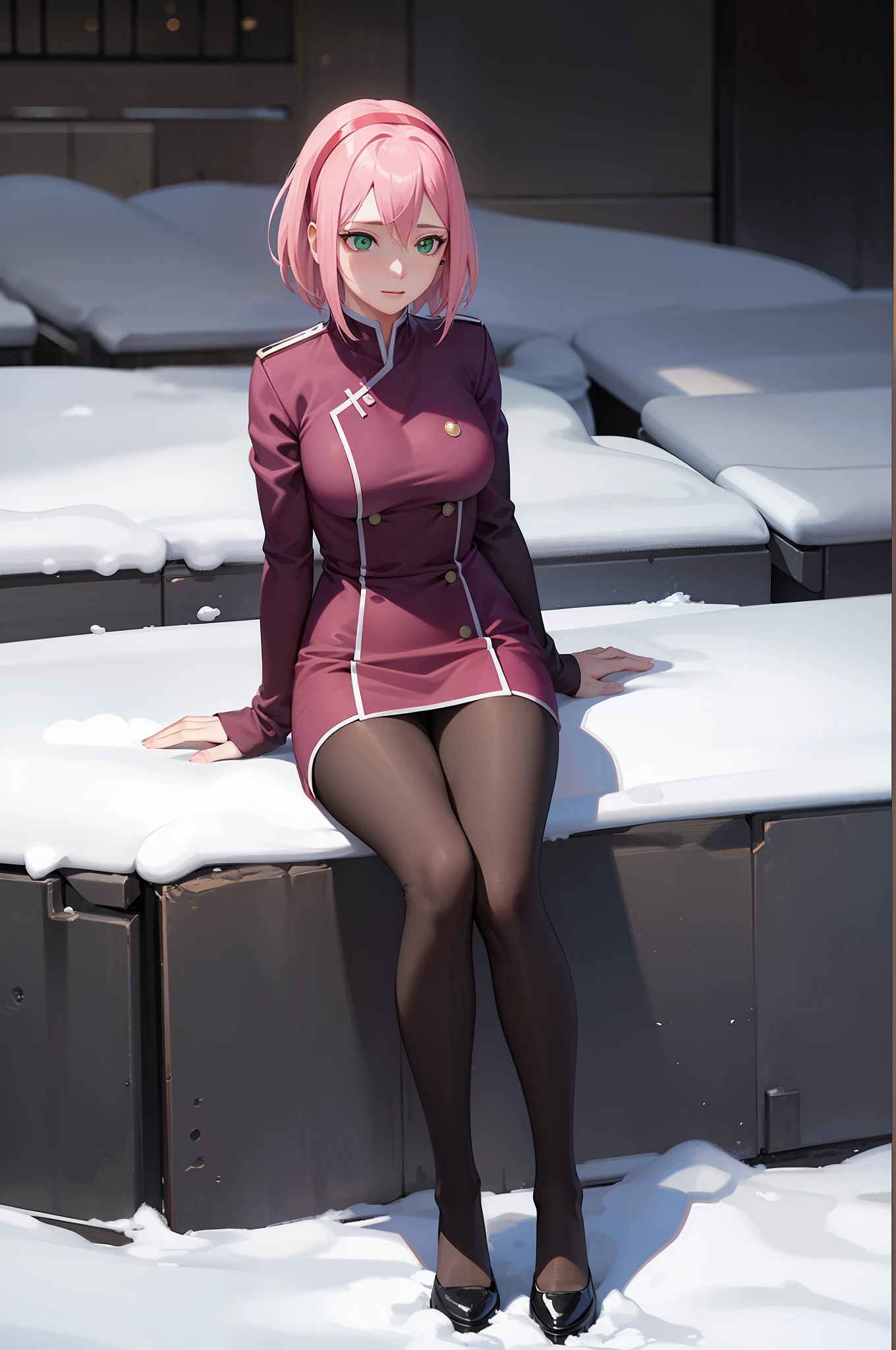 top-quality、Full body portrait、delicated face、cute face、An 18-year-old woman、slim figure、Petite bust、OL Uniform、Office Clothes、Black stockings、Outdoor Scene、Seats、Sakura Haruno,A pink-haired,shorth hair,Red headband,Green eyes