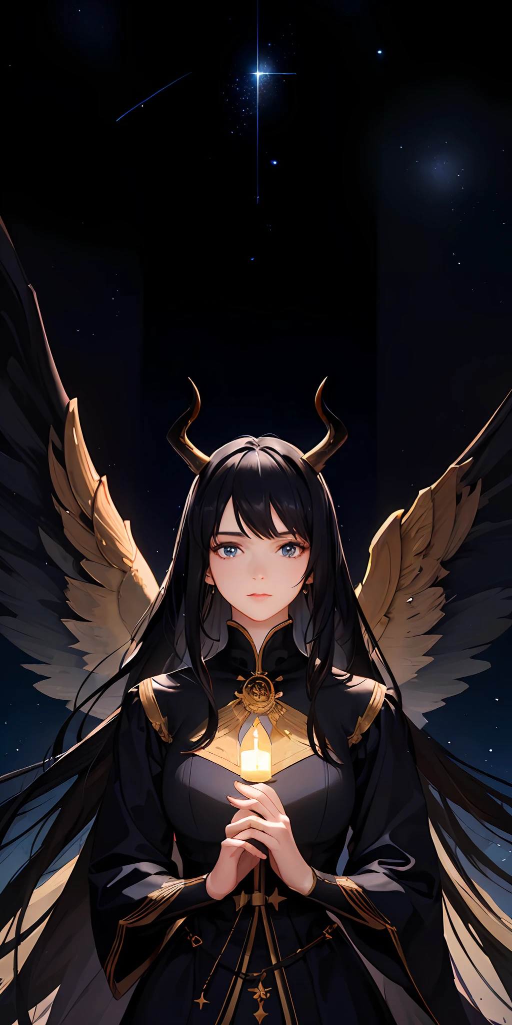 One has long black hair,The upper body of a woman with wings on her back is illuminated by a soft light,There are black horns on the head,Realistic face,Her dress is black slim,Perfectly matches the glow of the stars in the background,background castle,Semi-realistic painting,Bust。
