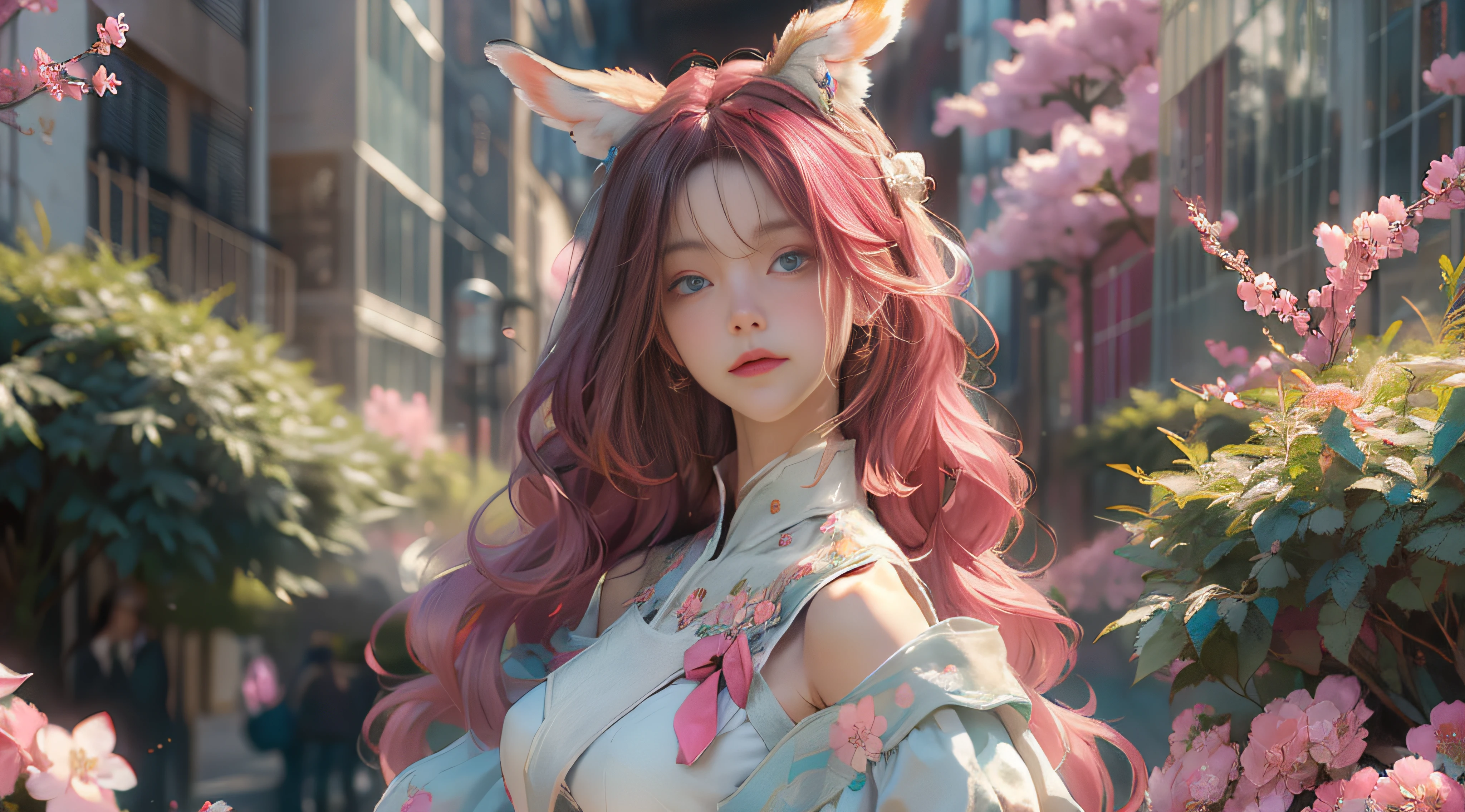 ((best qualtiy)), ((tmasterpiece)), (detail:1.4), Beautiful cyberpunk female images,hdr(HighDynamicRange),Ray traching,NVIDIA RTX,Hyper-Resolution,illusory 5,sub surface scattering,PBR textures,post-proces,Anisotropy Filtering,depth of fields,maximum definition and sharpness,Many-Layer Textures,Albedo e mapas Speculares,Surface coloring,Mitsu-Accurate simulation of material interactions,perfectly proportioned,rendering by octane,Two-colored light,largeaperture,Low ISO,White balance,Rule three points、8K raw data、Beautiful bright blue pupils,off-the-shoulder clothes,Fine pupils,Delicate face and eyes,long eyelasher,Blushlush,Delicate and fluffy hair,pink lip,Pure,Cute face,Sweet girl,Artistic sense,Casual wear,Advancedsense,butterflys,Cherry blossom petal,Beautiful hair accessories,Long hair and waist,Hair fluttering in the wind,foxears,curlies
