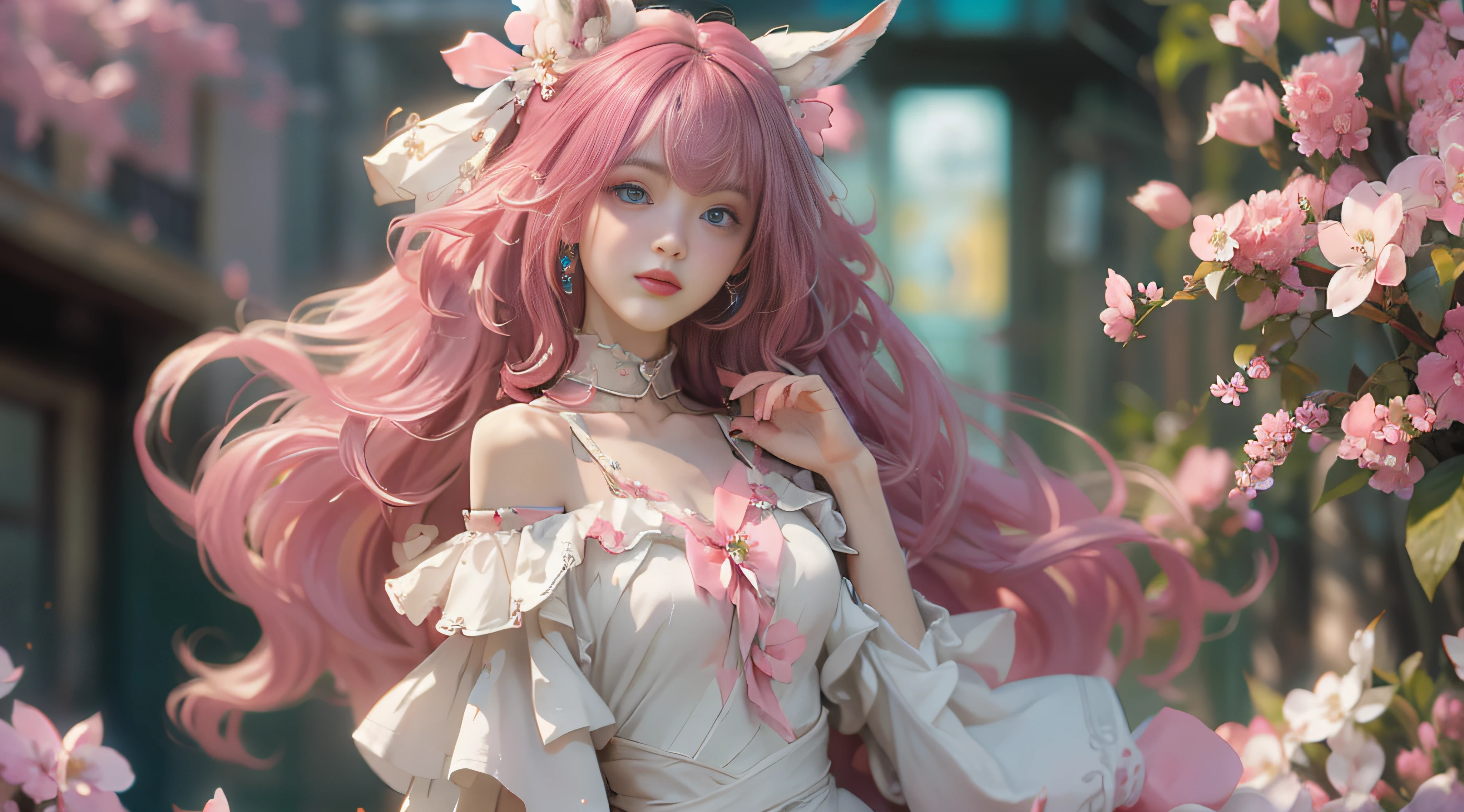 ((best qualtiy)), ((tmasterpiece)), (detail:1.4), Beautiful cyberpunk female images,hdr(HighDynamicRange),Ray traching,NVIDIA RTX,Hyper-Resolution,illusory 5,sub surface scattering,PBR textures,post-proces,Anisotropy Filtering,depth of fields,maximum definition and sharpness,Many-Layer Textures,Albedo e mapas Speculares,Surface coloring,Mitsu-Accurate simulation of material interactions,perfectly proportioned,rendering by octane,Two-colored light,largeaperture,Low ISO,White balance,Rule three points、8K raw data、Beautiful bright blue pupils,off-the-shoulder clothes,Fine pupils,Delicate face and eyes,long eyelasher,Blushlush,Delicate and fluffy hair,pink lip,Pure,Cute face,Sweet girl,Artistic sense,Casual wear,Advancedsense,butterflys,Cherry blossom petal,Beautiful hair accessories,Long hair and waist,Hair fluttering in the wind,foxears,curlies