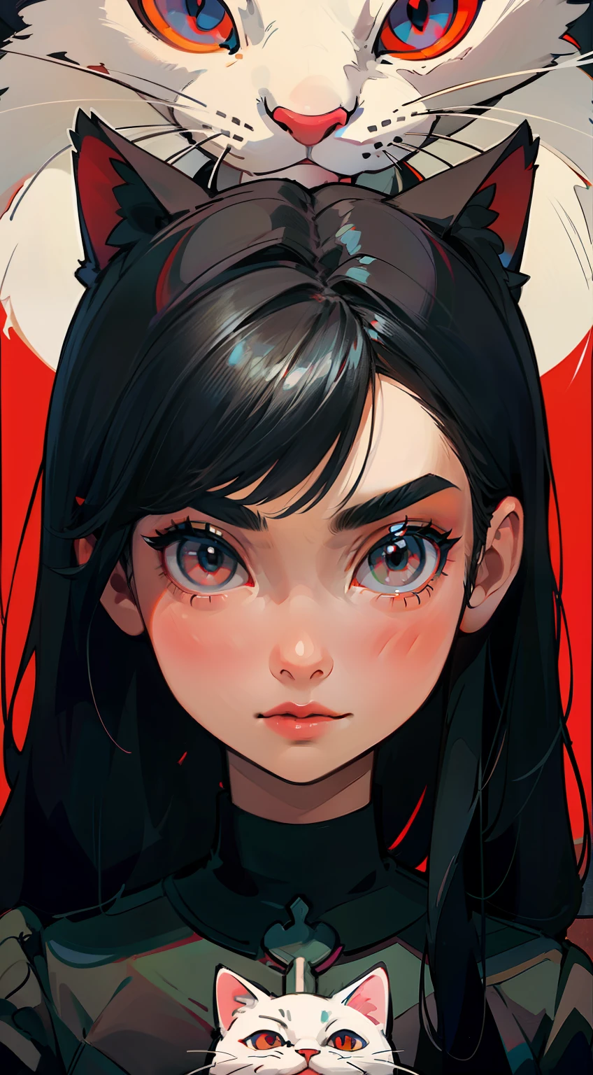 A woman with long black hair,Keep your face in shape,Maintain the shape of your eyes and eyebrows,Nose reduction,Black colored eyes,Detail portrayal,Wearing a long black dress,Holding a white cat,Top-down view,Hang your eyes,Cats have red pupils,Close-up Shot Shot,Depiction of facial features,Fine portrayal,A masterpiece,Persona diagram,Single background