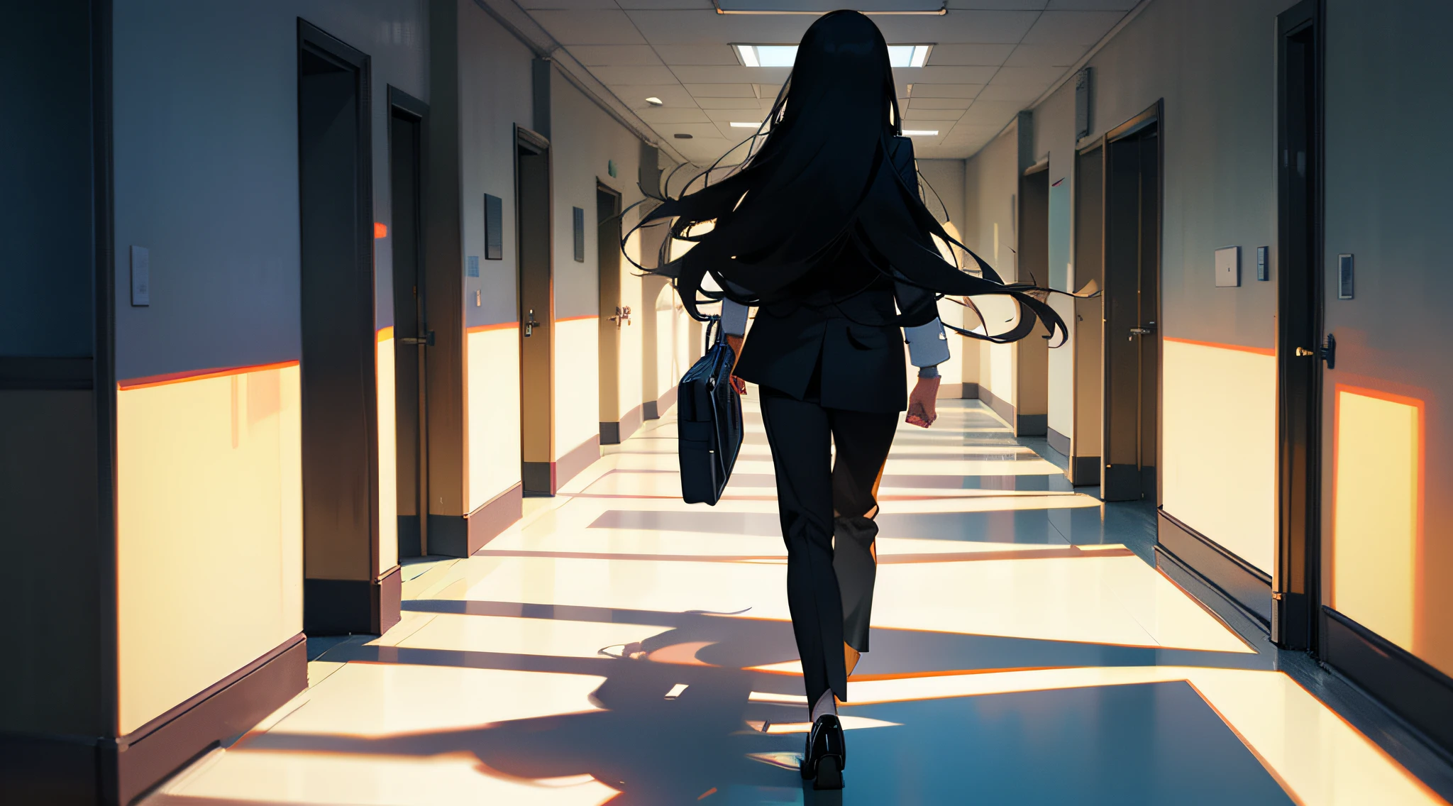 A woman with long black hair stood in the hospital corridor and slowly walked into the distance,Business suit,Back Shadow