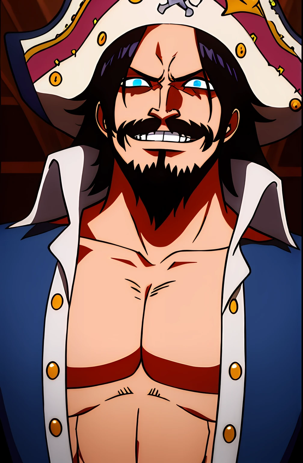 1boy, wanostyle, gol d roger, smiling, pirate hat on head, looking at viewer, solo, upper body, ((masterpiece)), (best quality), (extremely detailed), depth of field, sketch, dark intense shadows, sharp focus, soft lighting, hdr, colorful, good composition, ((conquerors haki)), spectacular, closed shirt, anime screencap, scar under eye, ready to fight, blue eyes, (old), black hair, black beard, pirate, (glow from eyes)