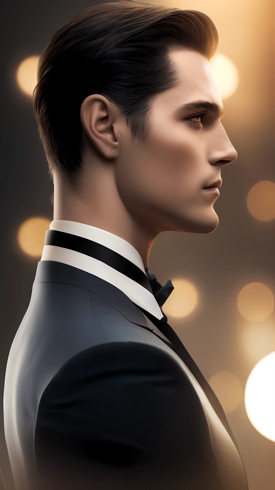 Businessman, estilo Bruce Wayne, vestindo Smoking 14k, highes definition, rosto detalhado, olhos azuis detalhados, cabelos pretos detalhados, serious profile, terno detalhado, hiper-realista, + Cinematographic shot + dynamic compositing, incrivelmente detalhado, nitidez, detalhes + soberbo detalhes + noite com luz + perfeccionismo + realismo premiado ((mood lighting))