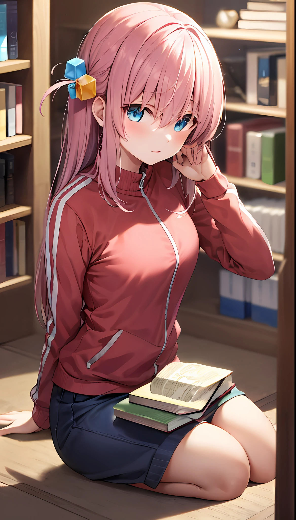 ((masterpiece,best quality))1girl, solo, bookshelf, pile of books, suzuno, indoors, hair ornament, cube hair ornament, blue eyes, pink long hair, pink track jacket, bangs, hair between eyes