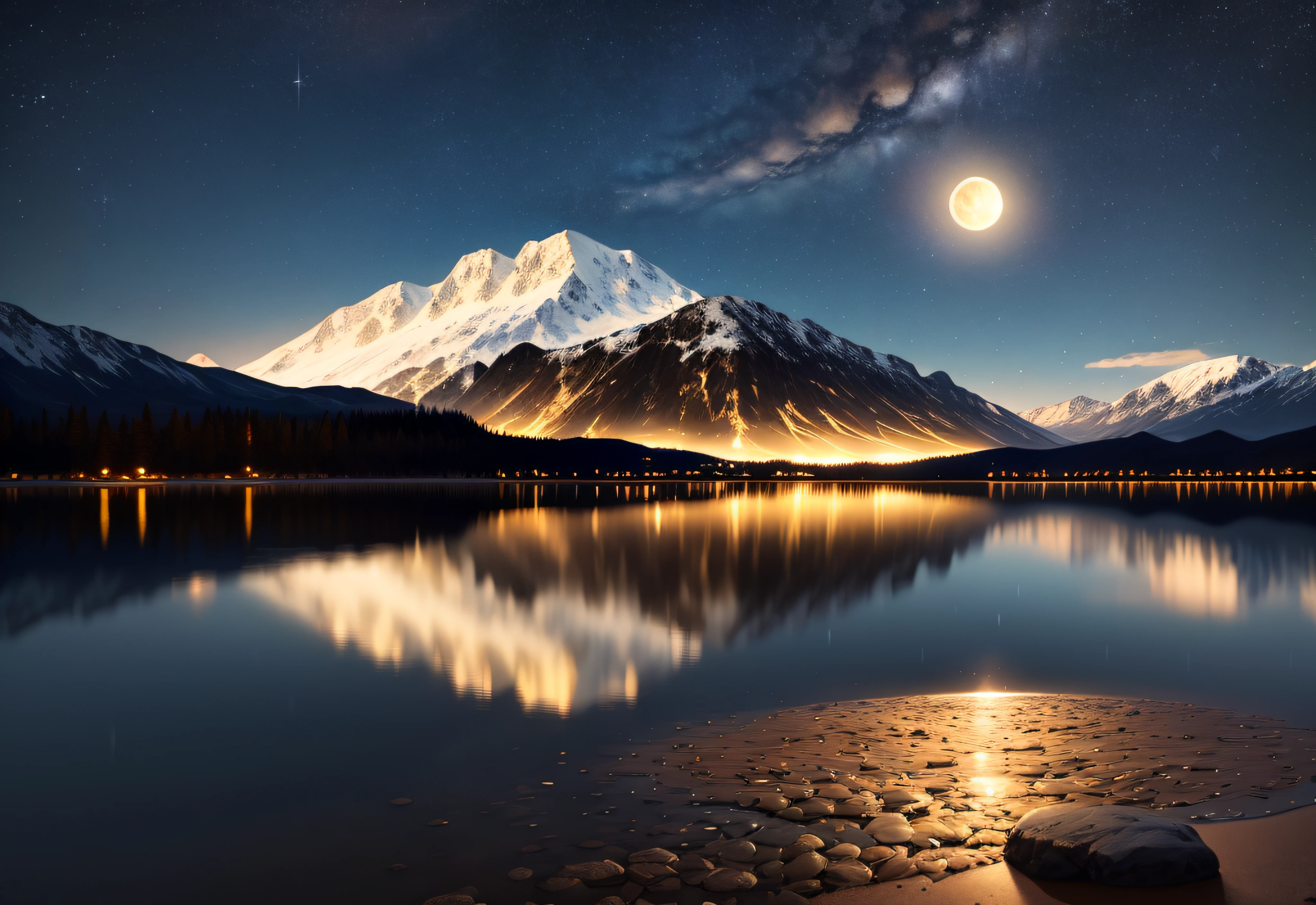 Very starry night. A giant moon behind the mountains. A tranquil lake reflecting the night. Realistic scene, detailed, photorealism, 8k