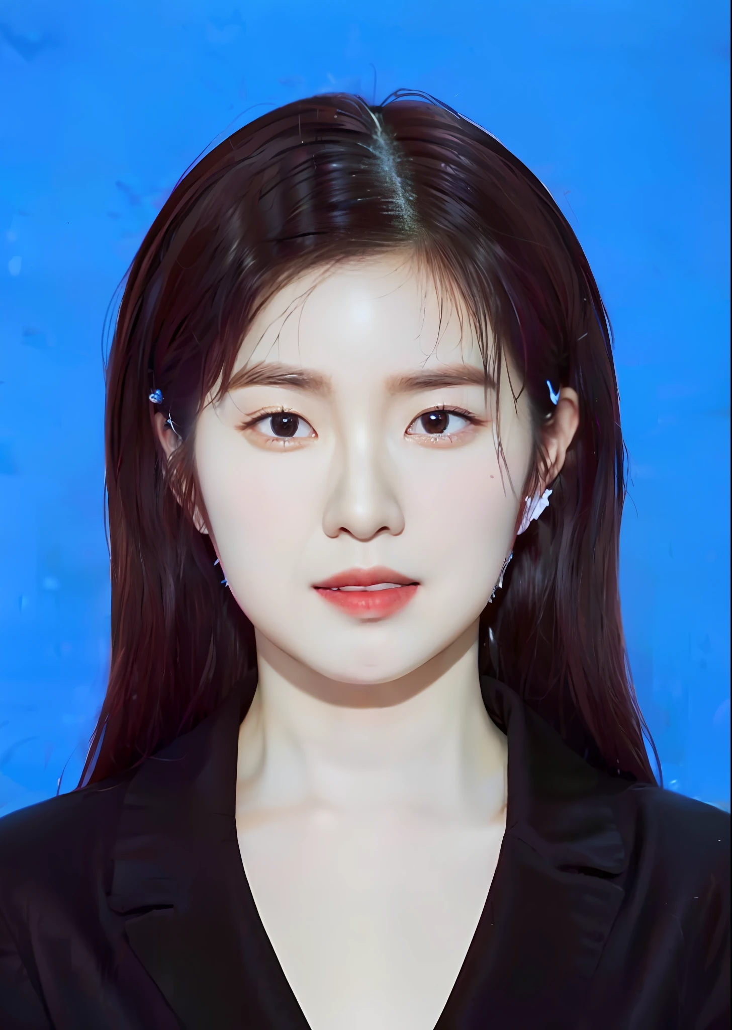 Araved woman with long hair and black shirt poses for a photo, jaeyeon nam, jiyun chae, passport photo, Eat Zhuoxin, gongbi, kim jung giu, Kim Hyun-joo, Zhang Pengzhen, Yun Ling, park jimin, south east asian with round face, Choi Hyun-hwa, xiaofan zhang