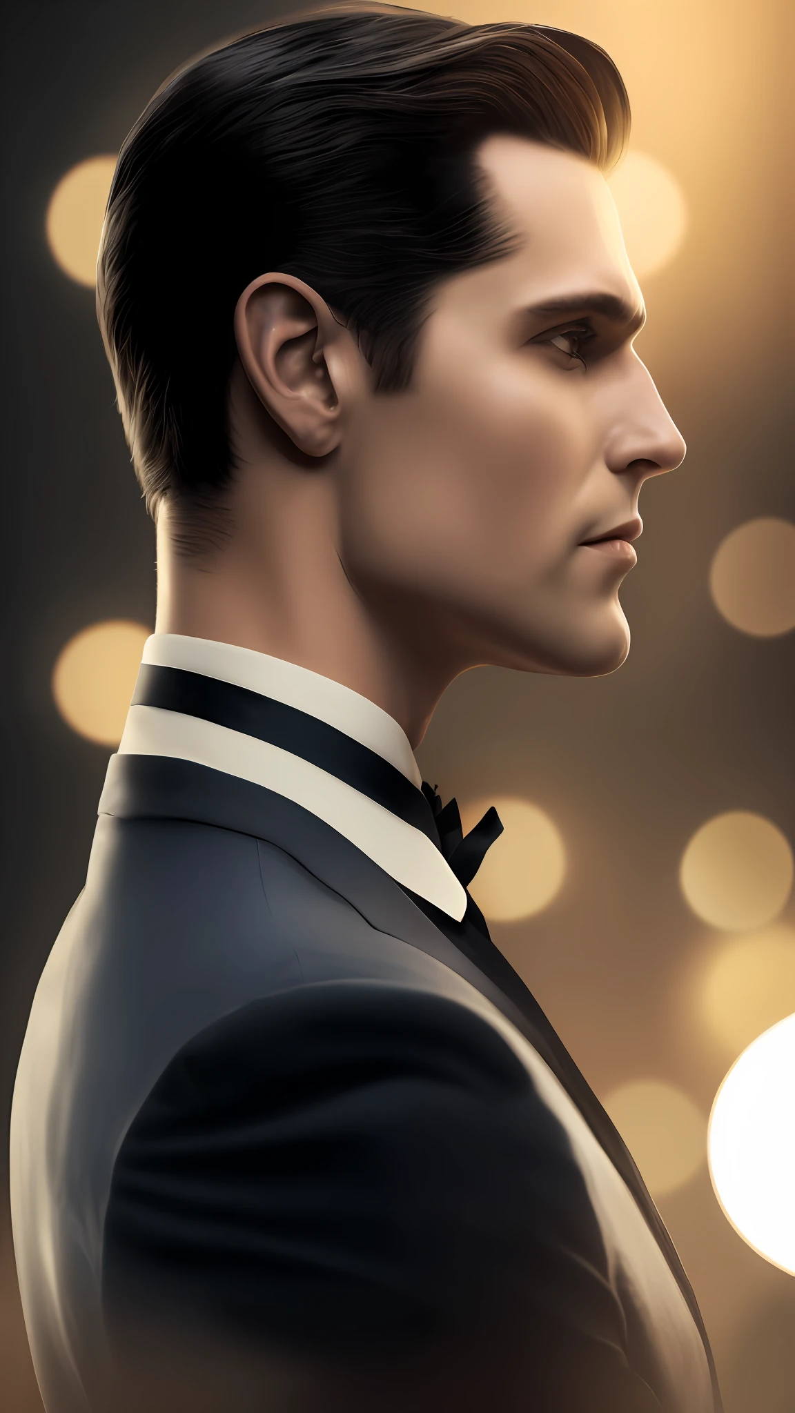 Businessman, estilo Bruce Wayne, vestindo Smoking 14k, highes definition, rosto detalhado, olhos azuis detalhados, cabelos pretos detalhados, serious profile, terno detalhado, hiper-realista, + Cinematographic shot + dynamic compositing, incrivelmente detalhado, nitidez, detalhes + soberbo detalhes + noite com luz + perfeccionismo + realismo premiado ((mood lighting))