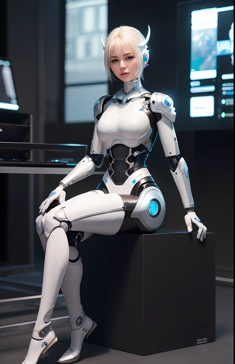 complex 3d render ultra detailed of a beautiful porcelain profile woman android face, cyborg, robotic parts, 150 mm, beautiful studio soft light, rim light, vibrant details, luxurious cyberpunk, lace, hyperrealistic, anatomical, facial muscles, cable electric wires, microchip, elegant, beautiful background, octane render, H. R. Giger style, 8k, best quality, masterpiece, illustration, an extremely delicate and beautiful, extremely detailed ,CG ,unity ,wallpaper,Amazing, finely detail, masterpiece,best quality,official art, extremely detailed CG unity 8k wallpaper, robot, silver halmet, ((full body)), sitting