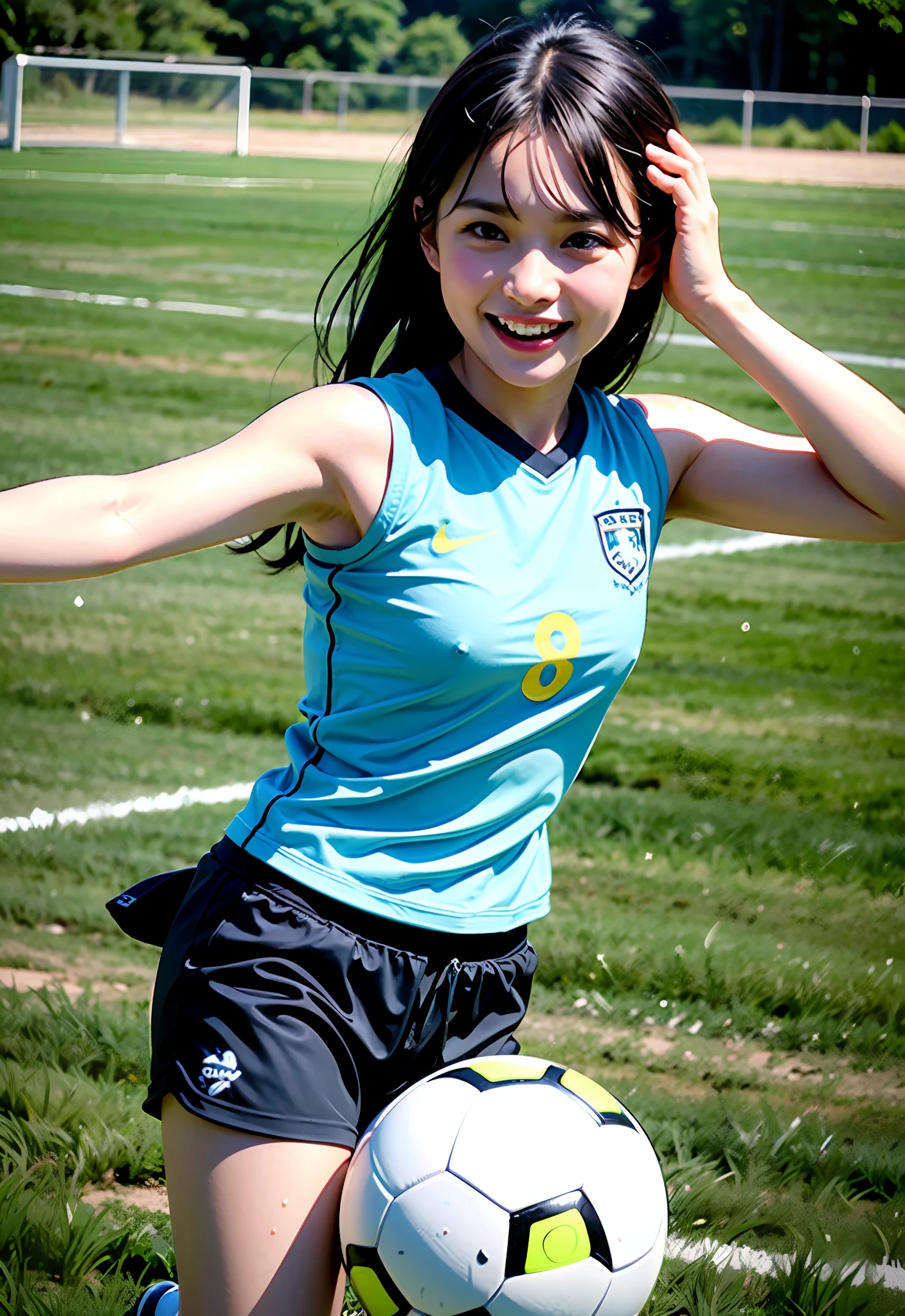 8K、Top image quality、masterpiece、夏天、Playing Soccer、 student、(1little girl)、In the fields、(Facial expressions that enjoy with all their might)、Cinematic lighting、Expressing the speed and dynamism of soccer、Happy smile immediately after scoring、Sweat dripping、Blueware