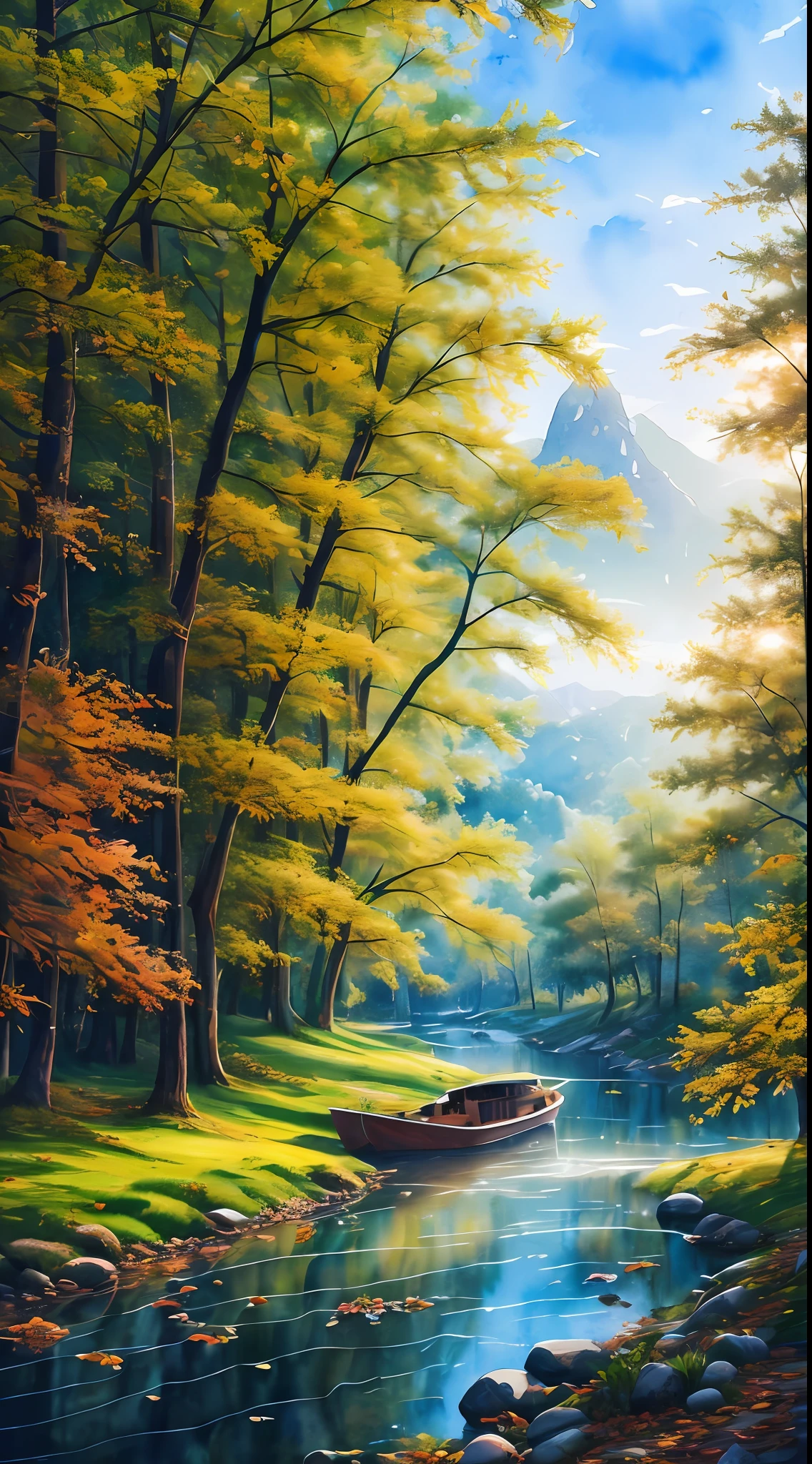 Rolling mountains，Small boats travel on the river，Pavilion，meandering rivers，（Outdoor view：1.5），Antique architecture，Falling leaves，（tmasterpiece），（Best picture quality），（Very detailed and uniform picture），（8k wallpaper），（Watercolor style painting），（light and shadow effect），Ultra photo realsisim，Landscape Photography