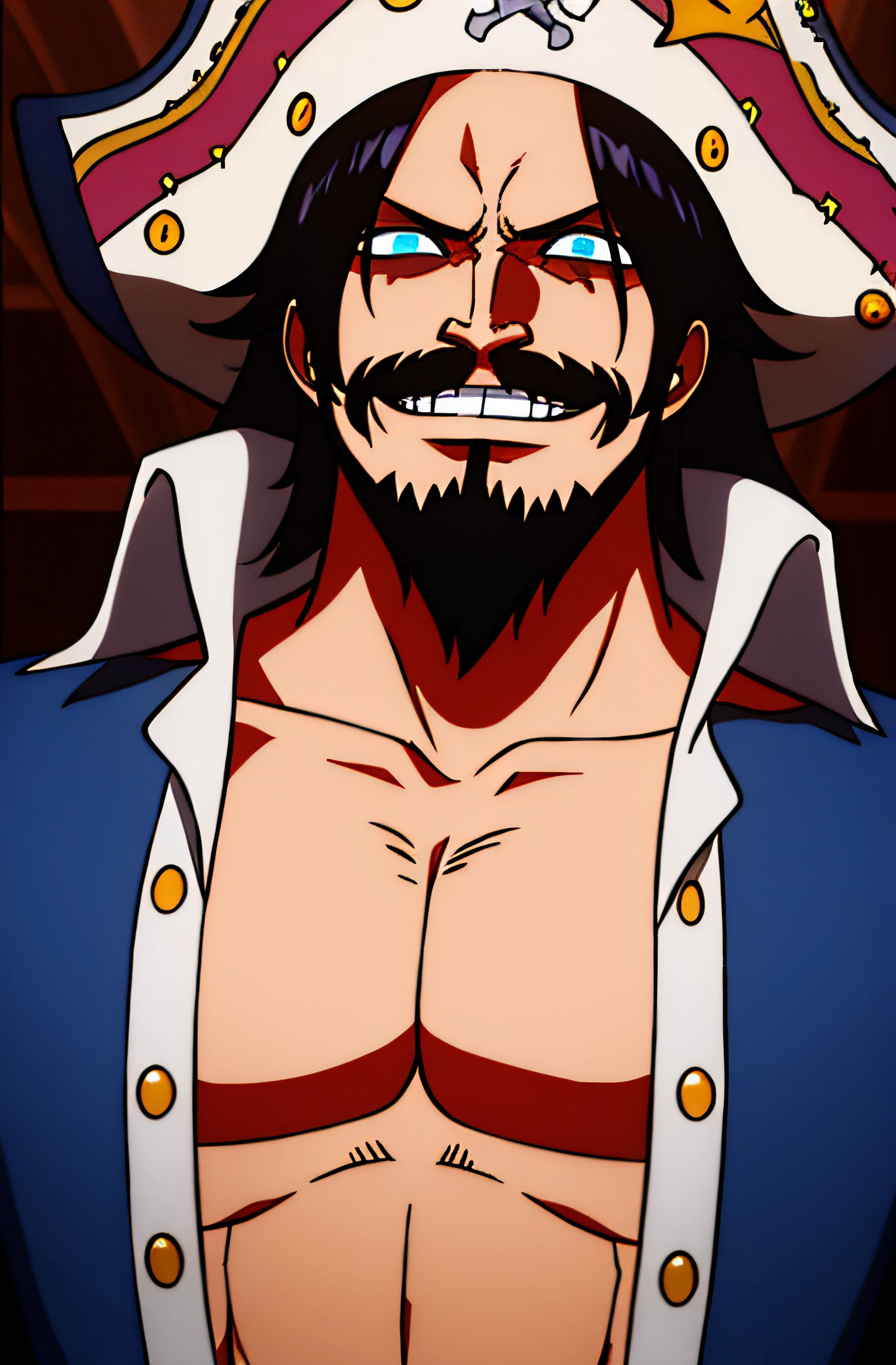 1boy, wanostyle, gol d roger, smiling, pirate hat on head, looking at viewer, solo, upper body, ((masterpiece)), (best quality), (extremely detailed), depth of field, sketch, dark intense shadows, sharp focus, soft lighting, hdr, colorful, good composition, ((conquerors haki)), spectacular, closed shirt, anime screencap, scar under eye, ready to fight, blue eyes, (old), black hair, black beard, pirate, (glow from eyes)