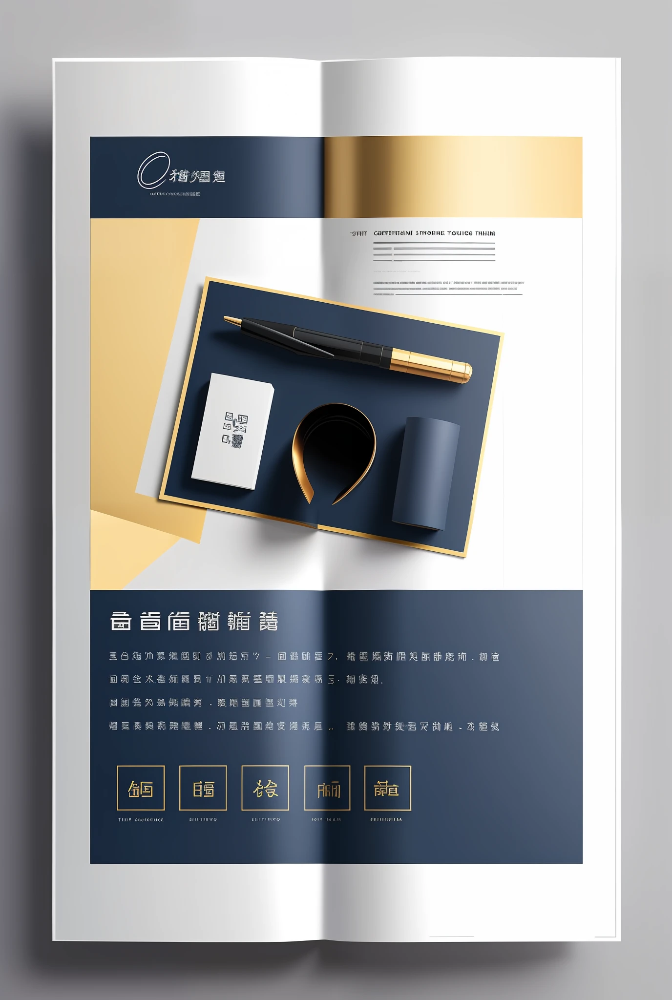 Business brochure template, in the style of shilin huang, Sculpture online, Learn BLR, atey ghailan, miniaturecore, future-tech, White, Navy blue, Golden