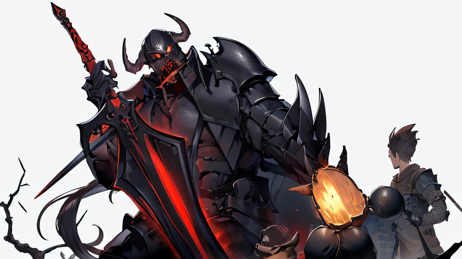 A dark guard in black heavy armor holds a demon sword in his hand,Three rookie adventurers were frightened silly,Medieval tavern,