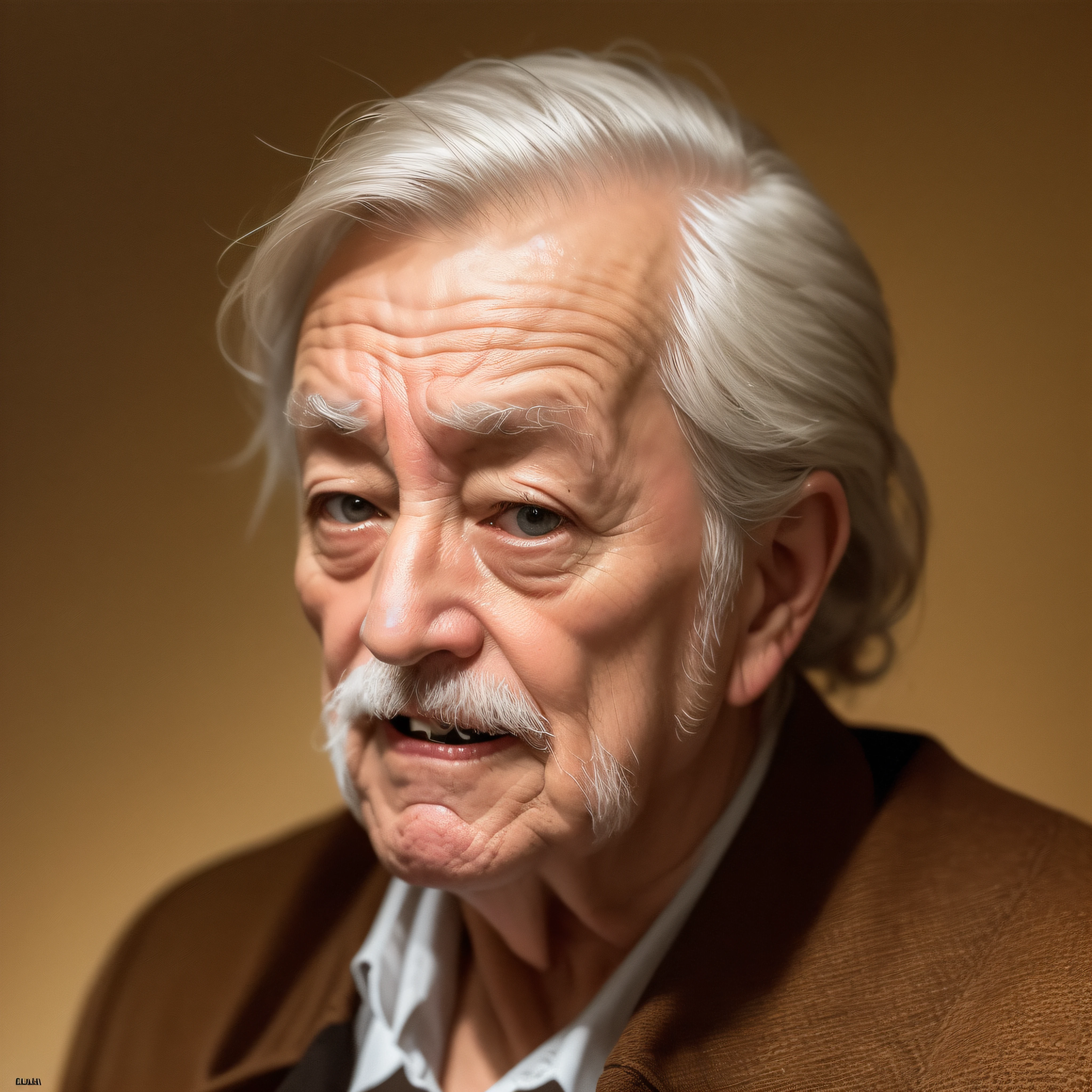 (extremadamente detallado, obra maestra, la mejor calidad), estilo oscuro, intense illumination, an old man with small, thin fangs, amenazante. Rococo composition. Luz de caravaggio
