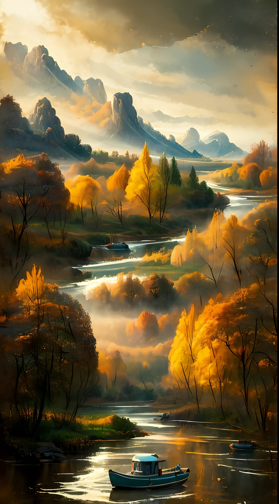 Rolling mountains,Small boats travel on the river,Pavilion,meandering rivers,(Outdoor view:1.5),Antique architecture,Falling leaves,(tmasterpiece),(Best picture quality),(Very detailed and uniform picture),(8k wallpaper),(Watercolor style painting),(light and shadow effect),Ultra photo realsisim,Landscape Photography