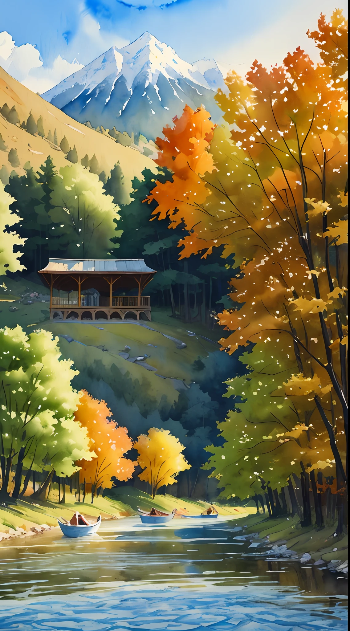Rolling mountains，Small boats travel on the river，Pavilion，meandering rivers，（Outdoor view：1.5），Antique architecture，Falling leaves，（tmasterpiece），（Best picture quality），（Very detailed and uniform picture），（8k wallpaper），（Watercolor style painting），（light and shadow effect），Ultra photo realsisim，Landscape Photography