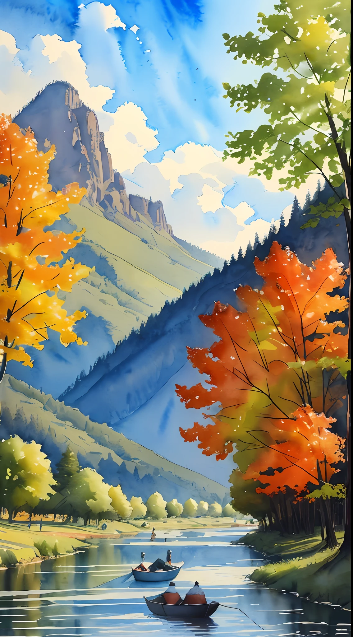 Rolling mountains,Small boats travel on the river,Pavilion,meandering rivers,(Outdoor view:1.5),Antique architecture,Falling leaves,(tmasterpiece),(Best picture quality),(Very detailed and uniform picture),(8k wallpaper),(Watercolor style painting),(light and shadow effect),Ultra photo realsisim,Landscape Photography