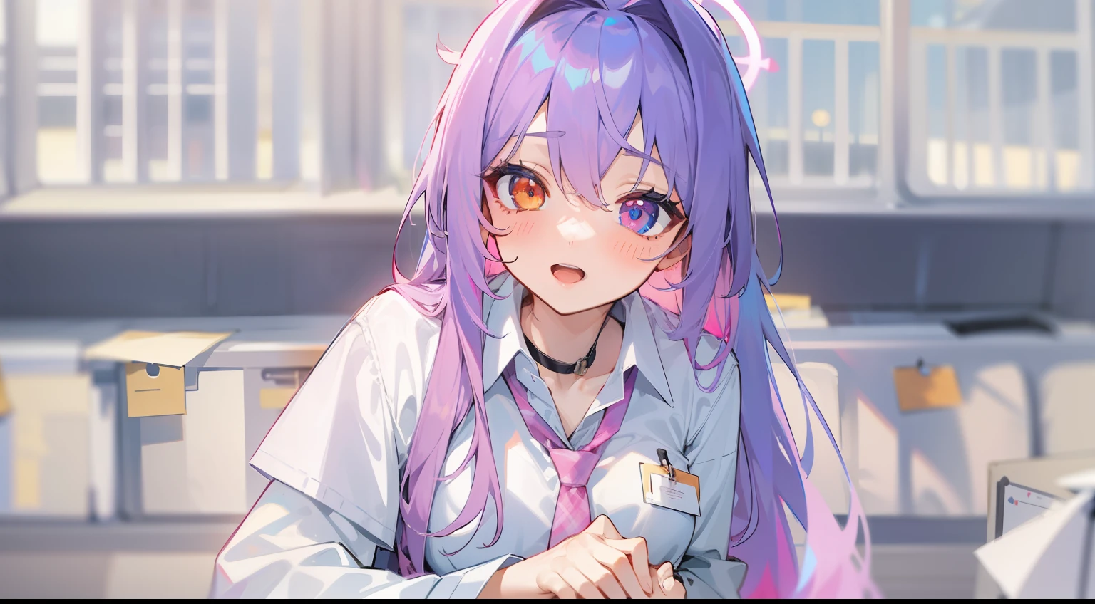 1girl, (blue archive), solo, heterochromia, pink hair, skirt, long hair, necktie, ahoge, shirt, halo, plaid skirt, blue eyes, plaid, looking at viewer, white shirt, sitting, orange eyes, chest harness, harness, long sleeves, id card, open mouth, very long hair, collared shirt, smile, blue necktie, bangs, feet out of frame, between legs, hand between legs, blush, hair between eyes, highres,masterpiece, best quality
