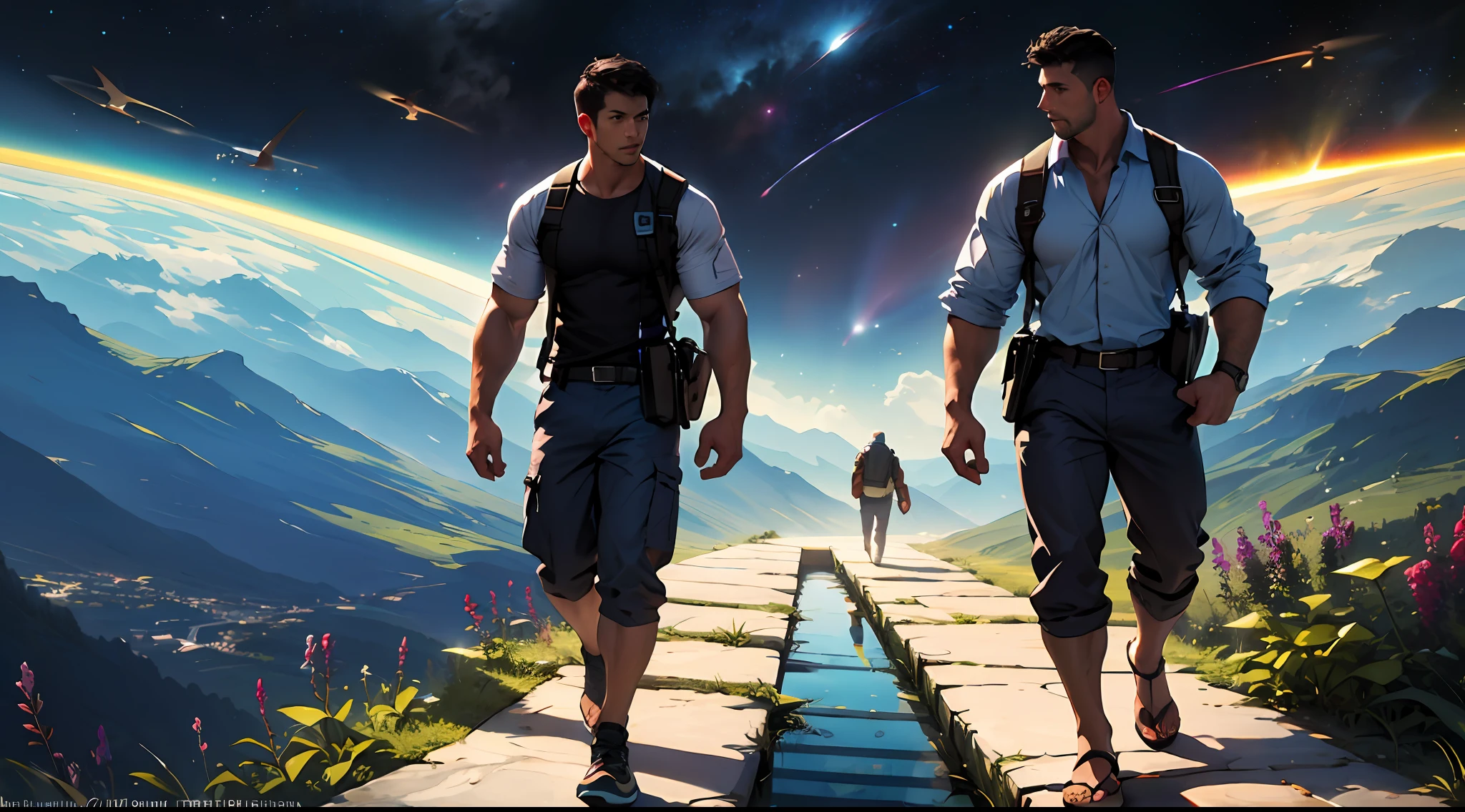 I am a 48 year old man. Llevo puestos unos pantalones de asalto negros, camiseta negra y gorra negra. Llevo una mochila color kaki en la espalda. I'm walking on a strange alien planet, veo plantas desconocidas para mi, son preciosas. I also see a kind of lake, pero el agua es rosada. The planet is illuminated by two suns. A nearby nebula is also seen in the sky..