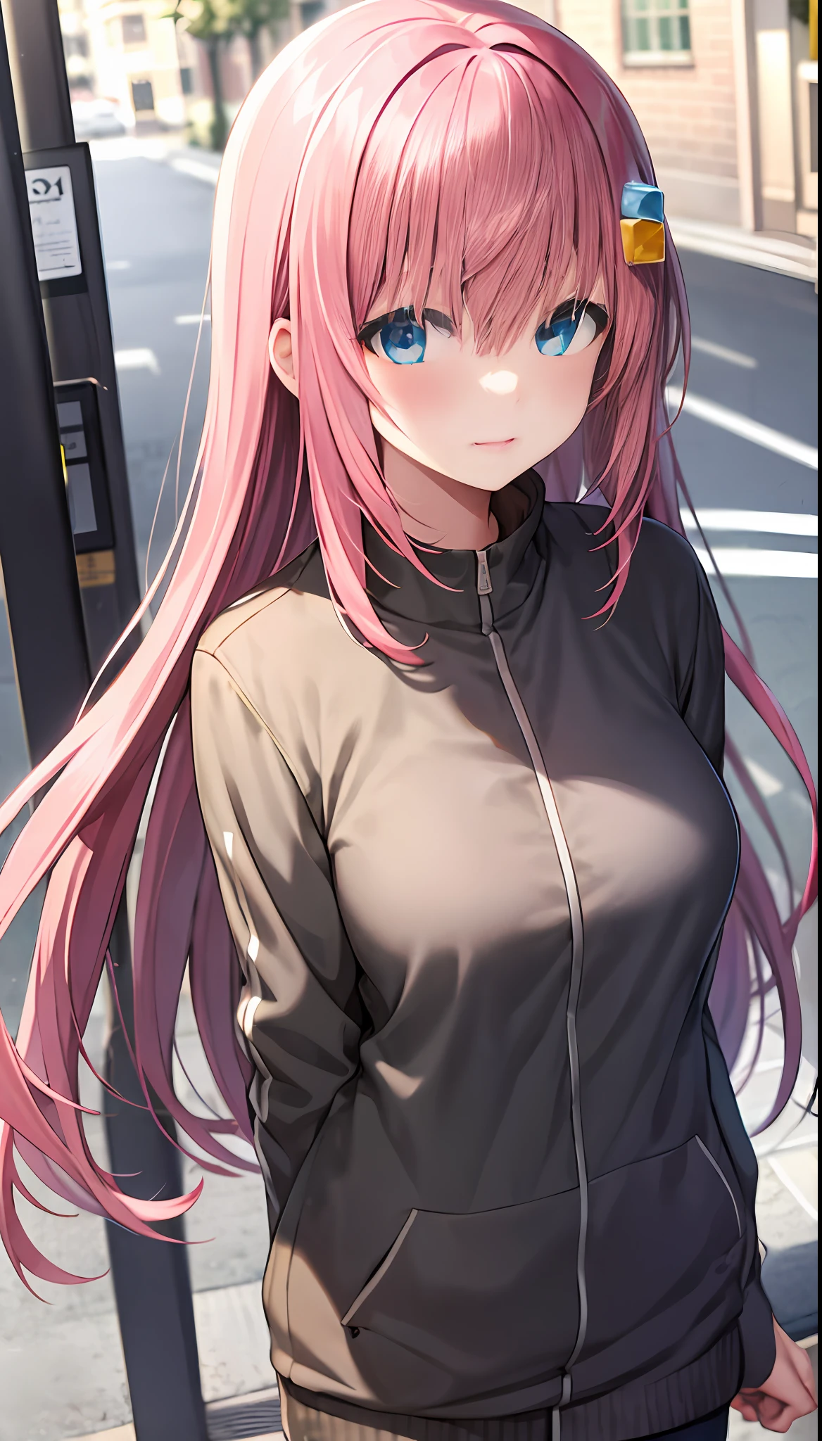 ((tmasterpiece,best qualtiy))1girll,独奏,street corner,Suzuno,hair adornments,cube hair ornament,eBlue eyes,long pink hair,Pink track blazer,By bangs,hair between eye