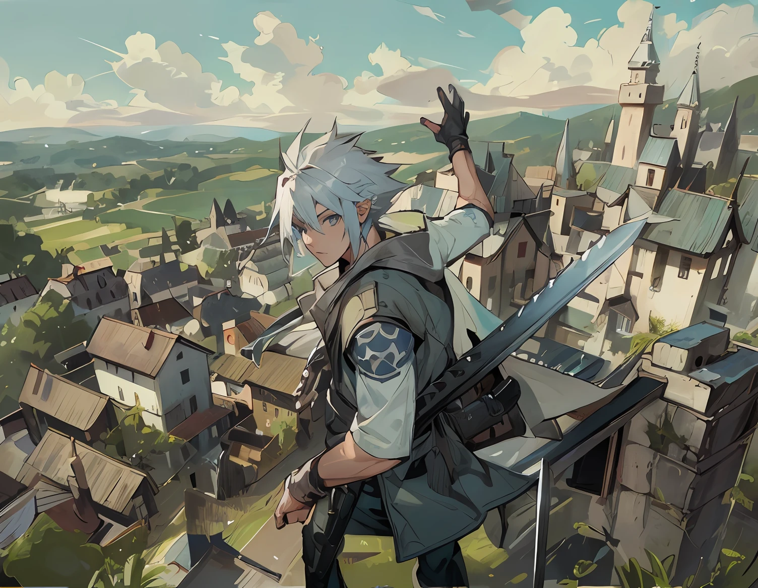 2D, Full body, Wide Angle, High quality, ​masterpiece, Perfect Anatomy, Anime Art, vector , Plant illustration, Water Brush , Cool guy in his 20s , Silver hair ,Details of face, (His hairstyle looks like a cloud strife in FF7:1.0) , He has a long sword , Empire Uniform Jacket , He stands on a hill , A hill overlooking the medieval town, sulky face , day light, Detailed fingers , detailed hairs, Bare right hand,