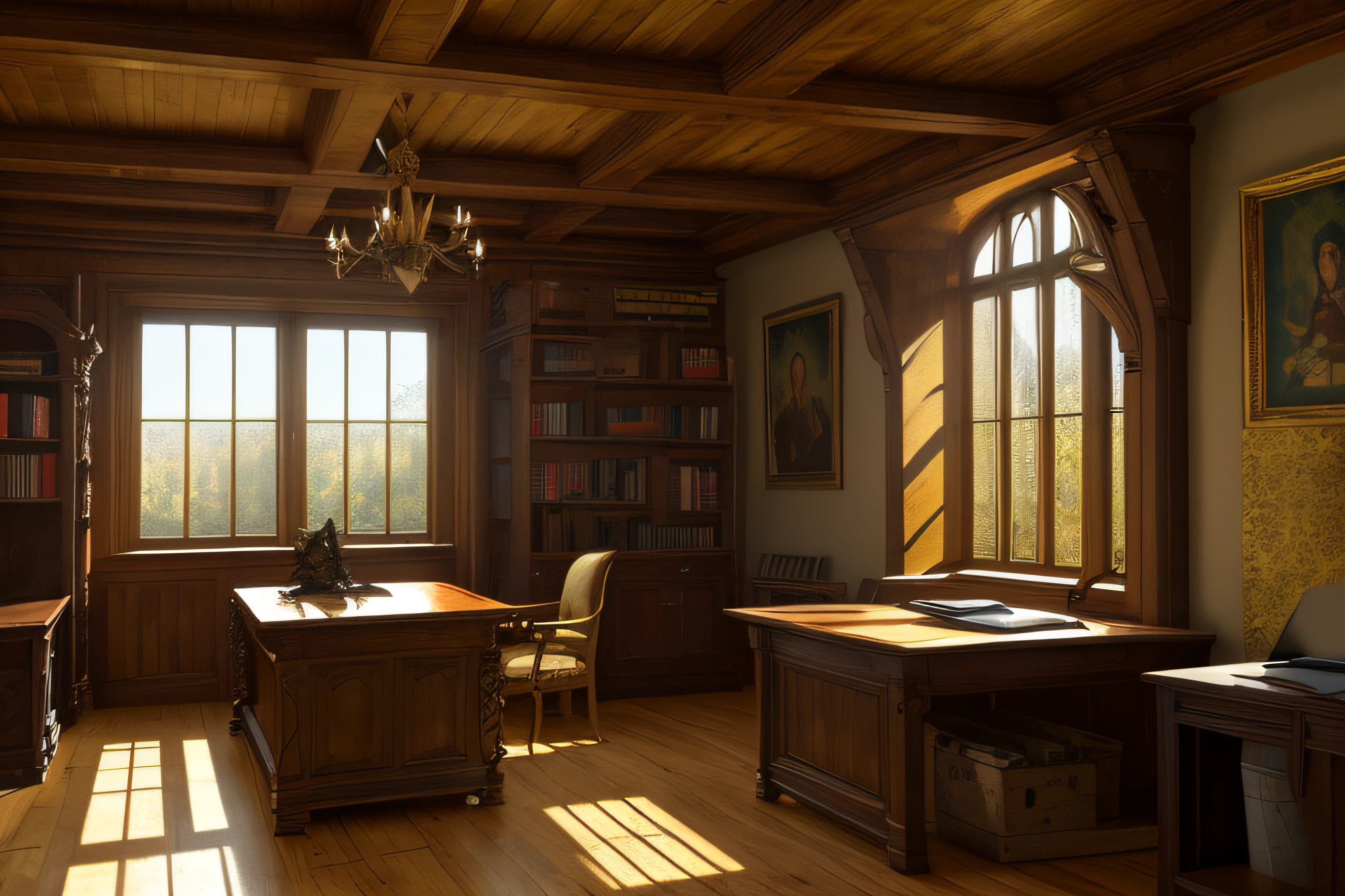 Old painting style,hyper photorealism,Interior of a medieval fantasy wooden house,janelas,Study desk,Game of Thrones with chandeliers,The bright morning sun of Hogwarts shone in through the windows,highly detailed,A high resolution,ray-traced reflection,dramatic lighting,8K vivid colors,Detailed acrylic,,Soft natural volume cinematic perfect light,An Alphonse Mucha's