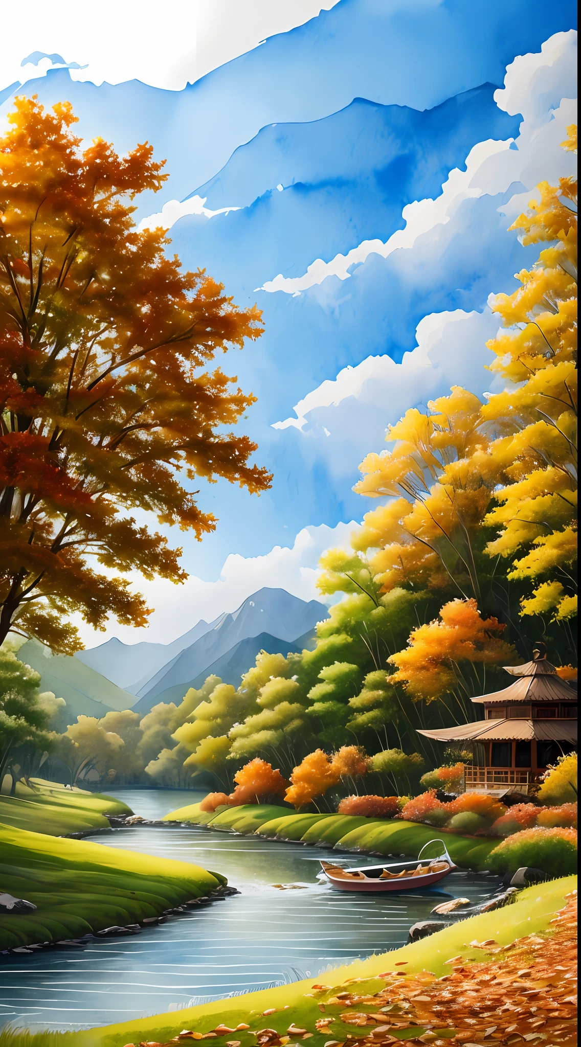 Rolling mountains，Small boats travel on the river，Pavilion，meandering rivers，（Outdoor view：1.5），Antique architecture，Falling leaves，（tmasterpiece），（Best picture quality），（Very detailed and uniform picture），（8k wallpaper），（Watercolor style painting），（light and shadow effect），Ultra photo realsisim，Landscape Photography