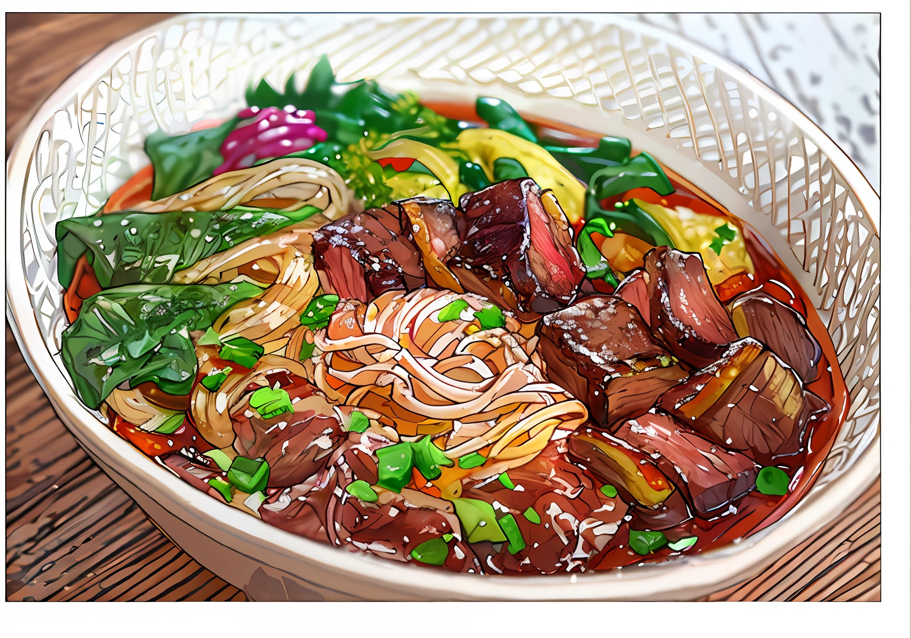 There was a plate of brisket noodles，Vegetables and meat are placed on top，Below are the noodles，Shot with Canon 8 0 D，Photo taken with a Nikon D750，photo taken with a nikon d 7 5 0，Illustration of a bowl of food with noodles and meat，a digital rendering by Qu Leilei, Pisif, shin hanga,  Amazing food illustration, in style of pan ren wei,