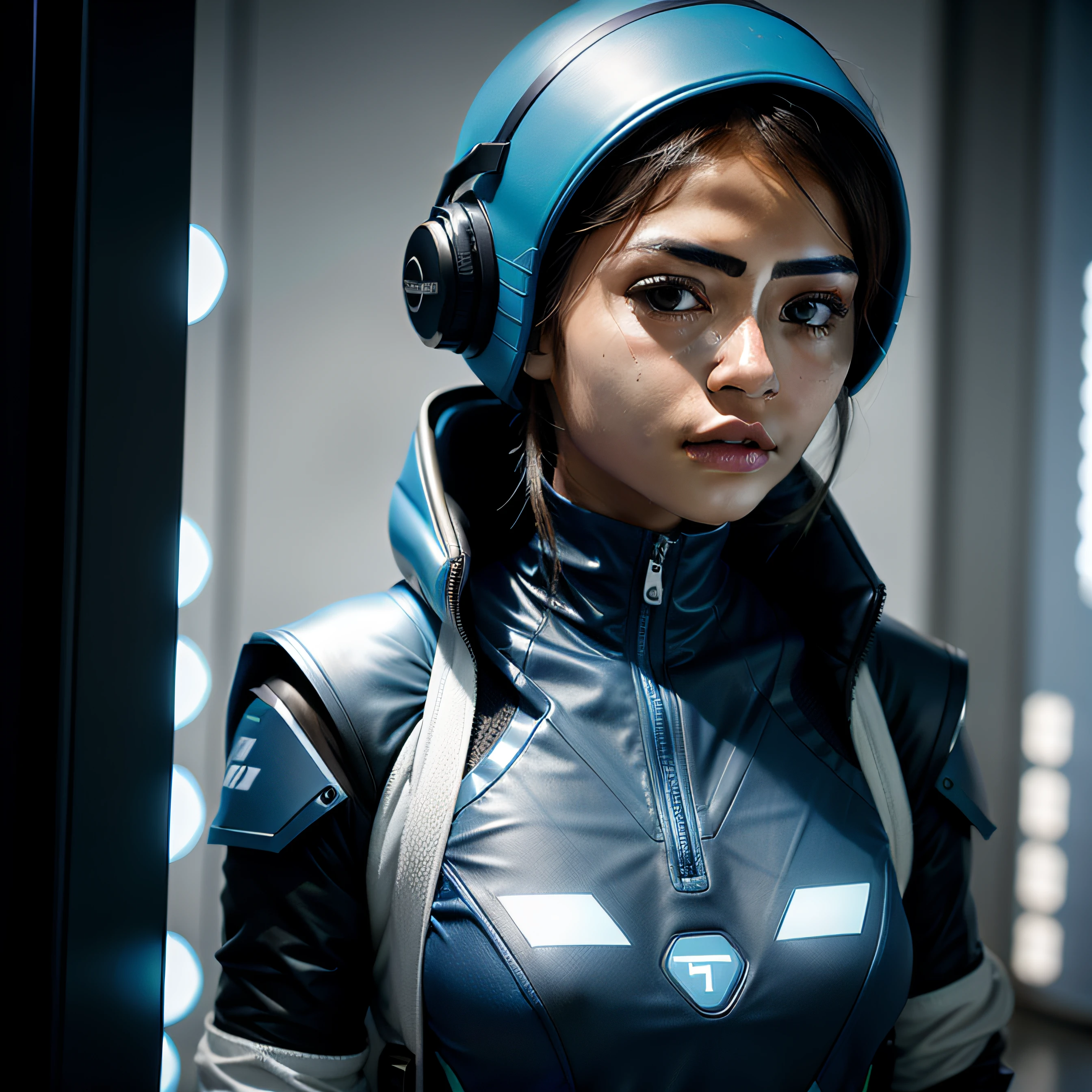 A girl wear modern technologies . She is trying to hack communication system The background is tone color of blue.