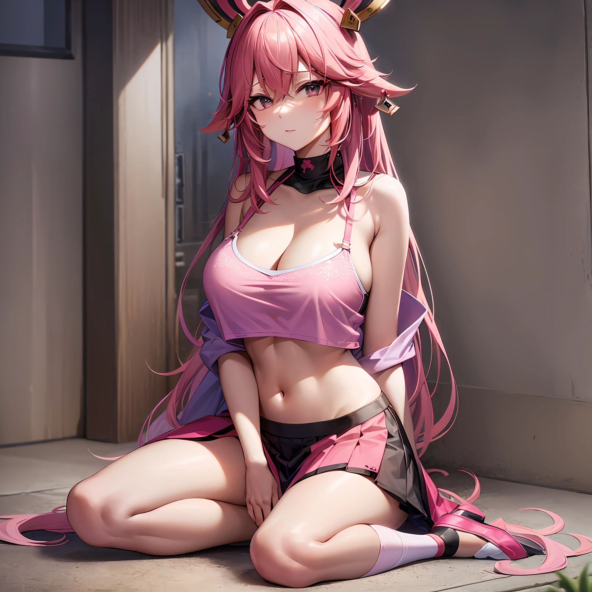 1Yae miko, pink hair, large breasts,, cleavage, navel, t-shirt, ((bra)),clothes lift, skirt, lying, full Body,sexy body,sitting
