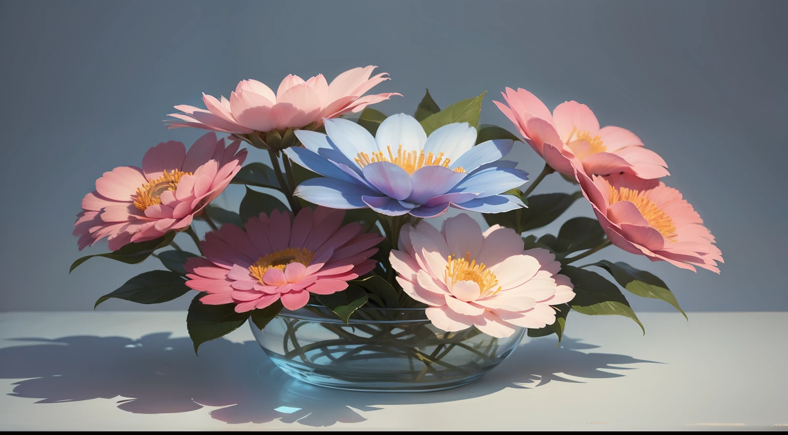 Pink flowers，Blue background，Simple，Eau